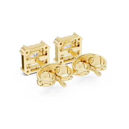 Princess Round Cut Lab Grown Diamond Stud Earrings in Yellow Gold