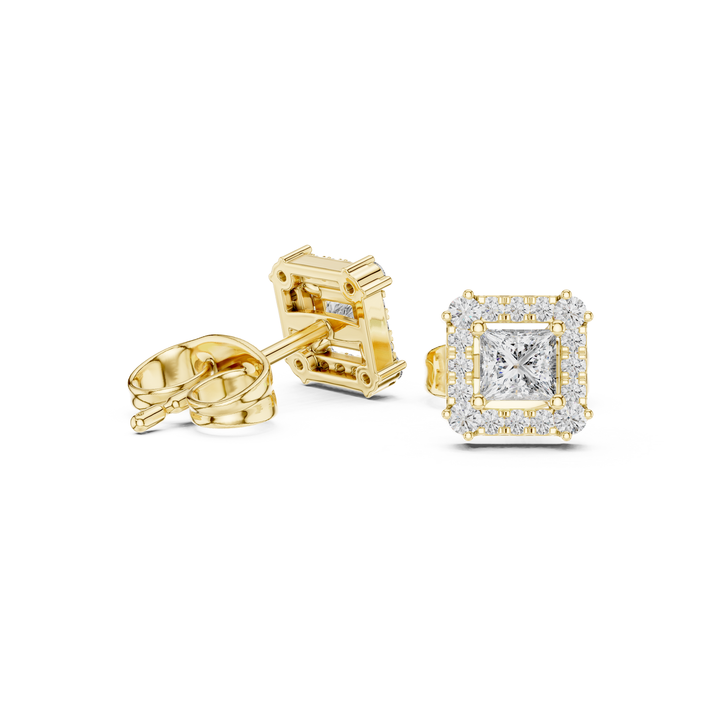 Princess Round Cut Lab Grown Diamond Stud Earrings in Yellow Gold
