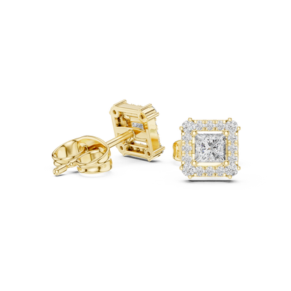 Princess Round Cut Lab Grown Diamond Stud Earrings in Yellow Gold