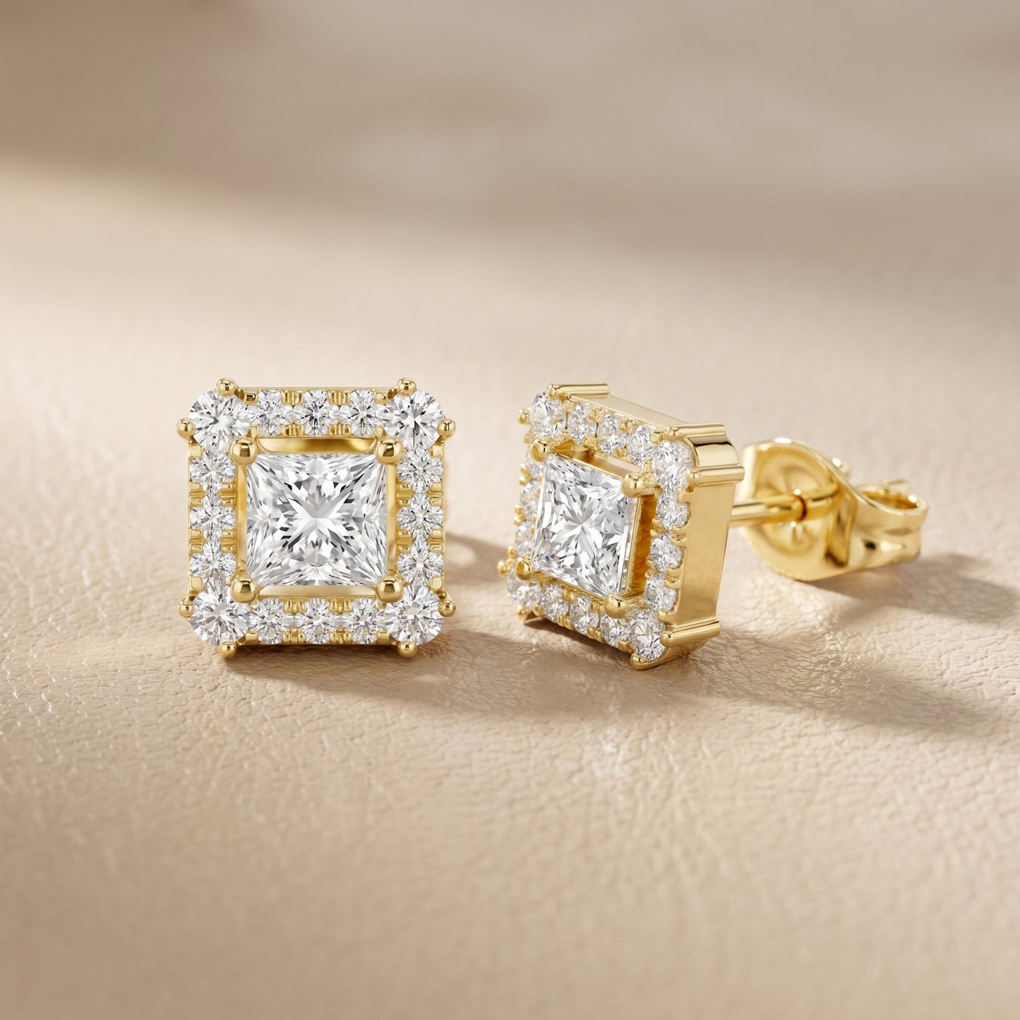 Princess Round Cut Lab Grown Diamond Stud Earrings in Yellow Gold