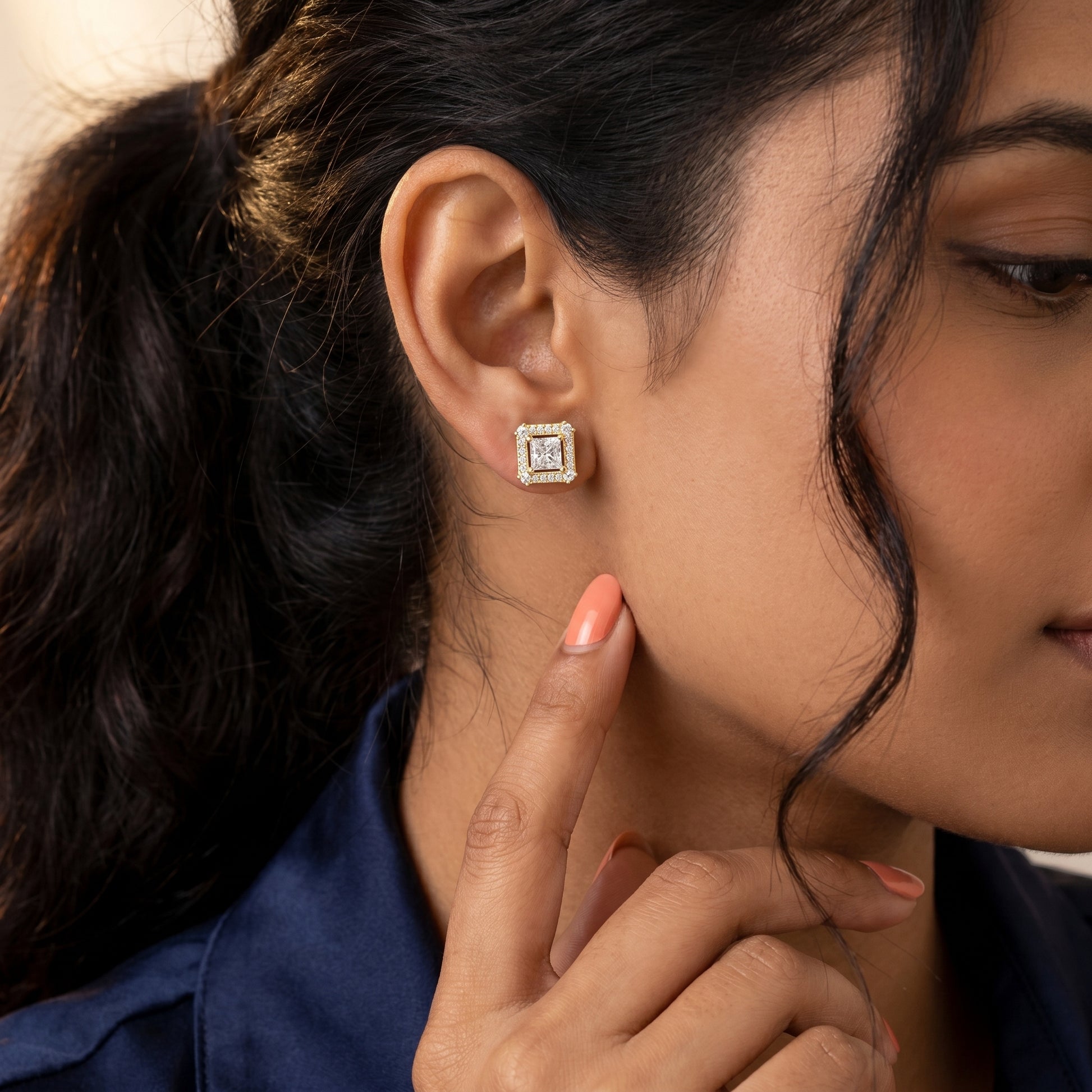 Princess Round Cut Lab Grown Diamond Stud Earrings in Yellow Gold