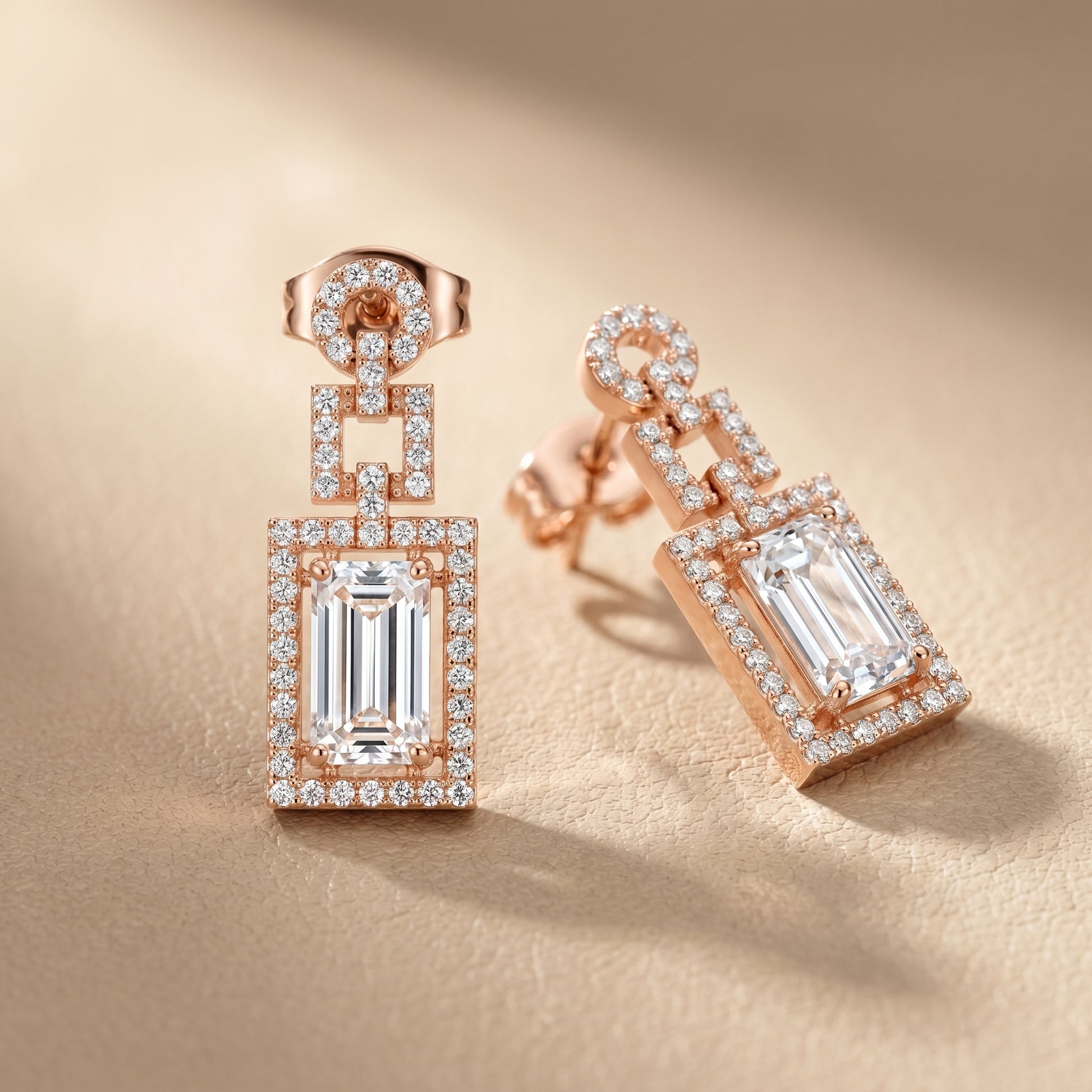 Emerald Round Cut Lab Grown Diamond Stud Earrings in Rose Gold