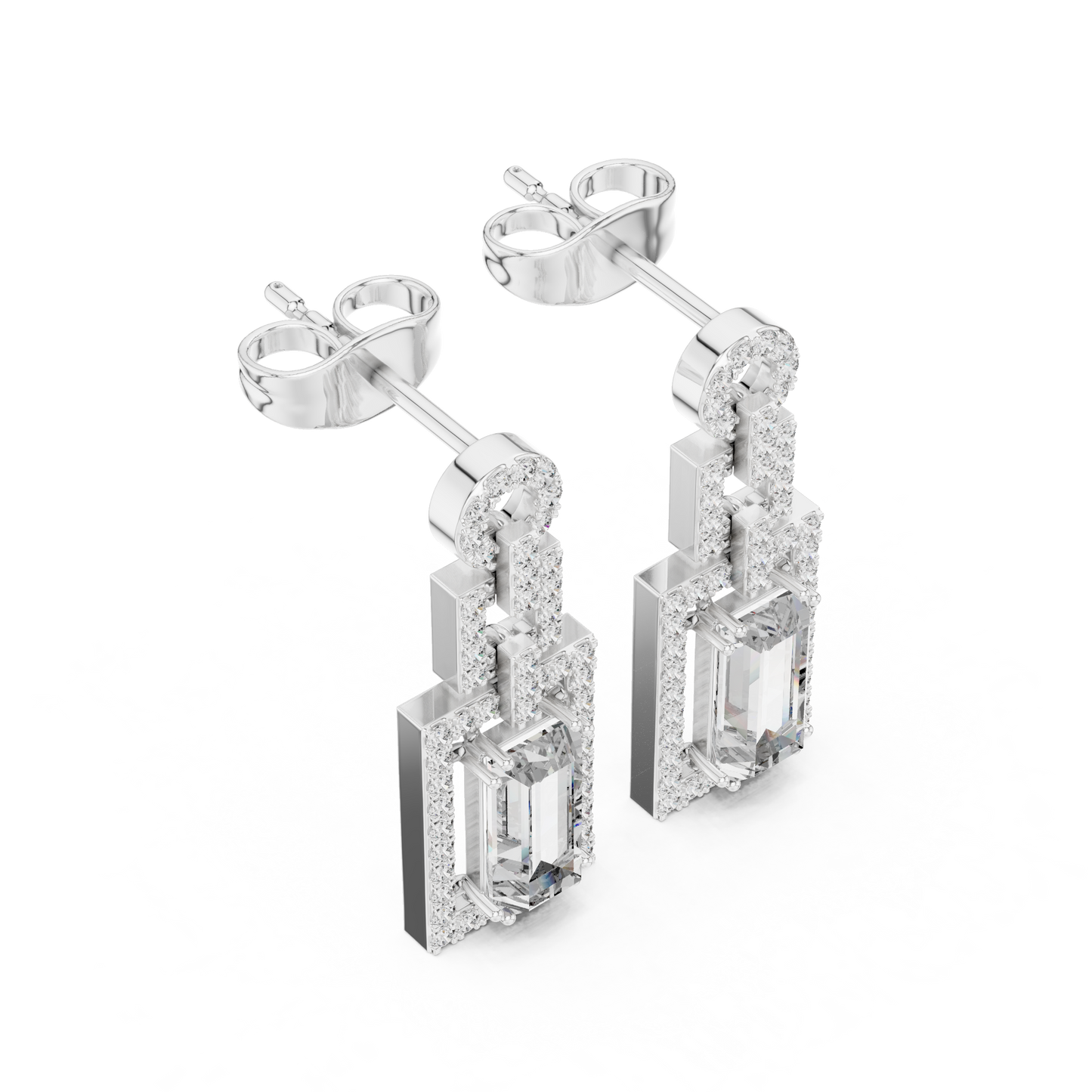 Emerald Round Cut Lab Grown Diamond Stud Earrings in Silver