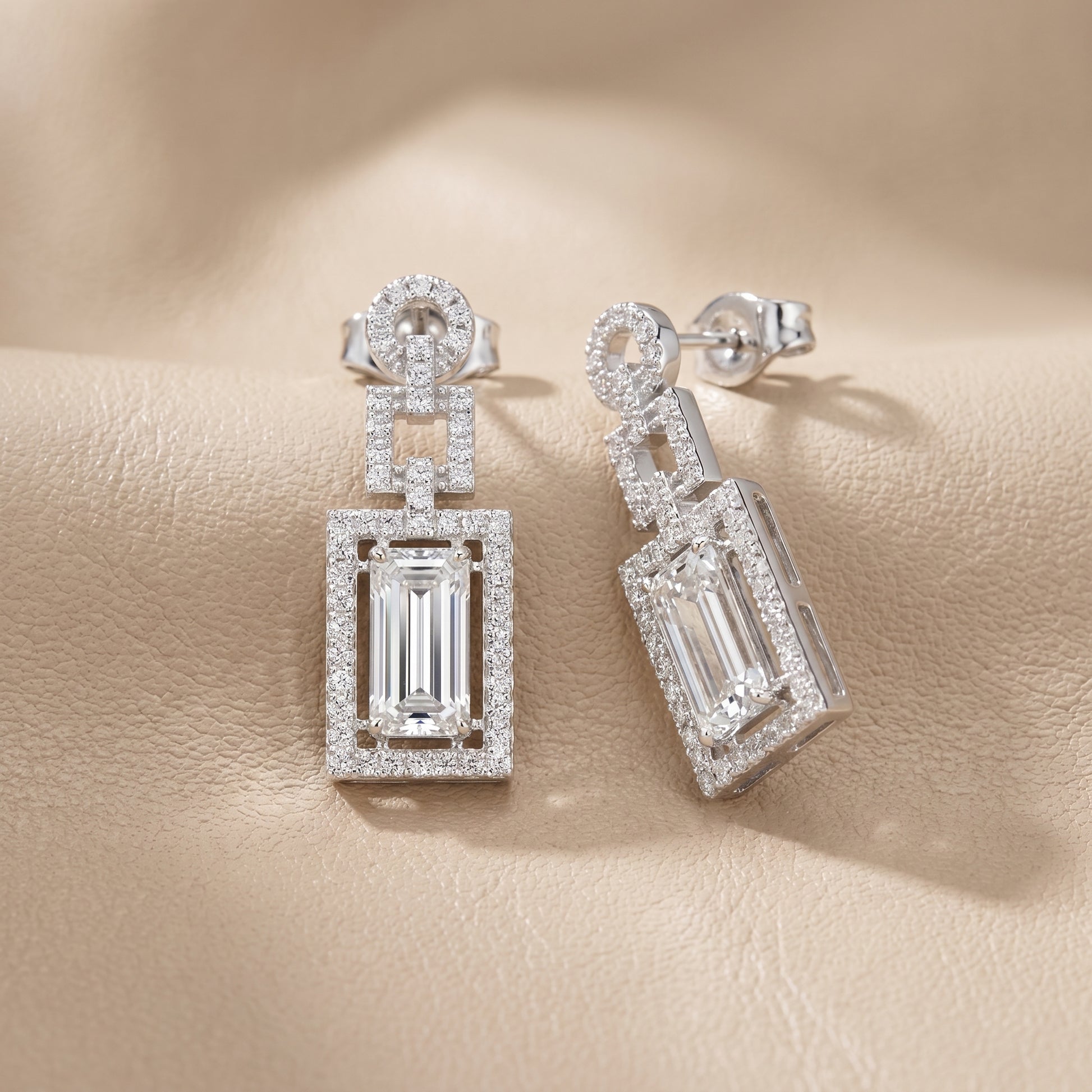 Emerald Round Cut Lab Grown Diamond Stud Earrings in Silver