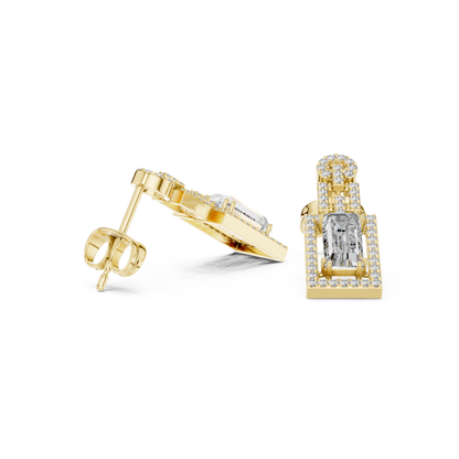 Emerald Round Cut Lab Grown Diamond Stud Earrings in Yellow Gold