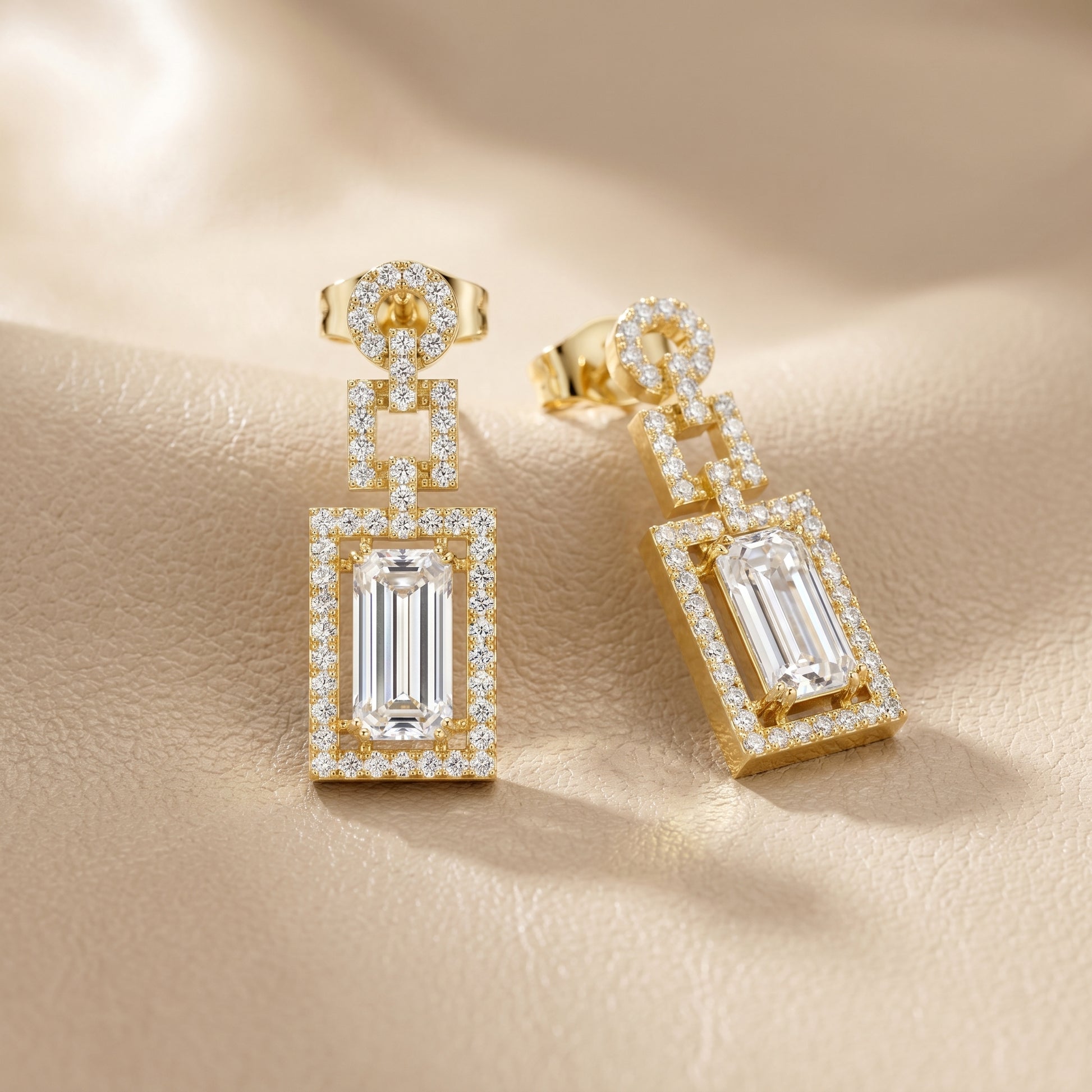 Emerald Round Cut Lab Grown Diamond Stud Earrings in Yellow Gold