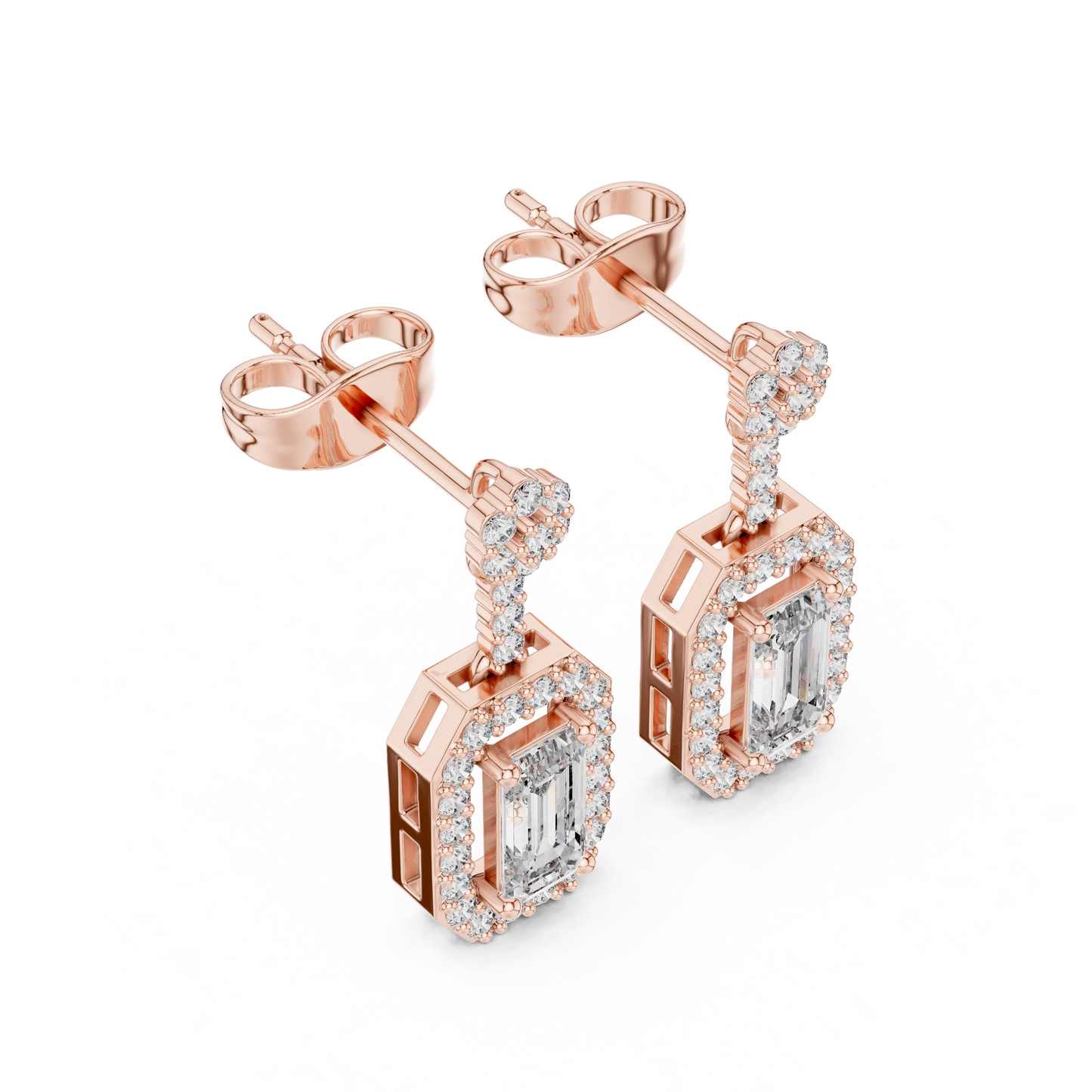 Emerald Round Cut Lab Grown Diamond Stud Earrings in Rose Gold