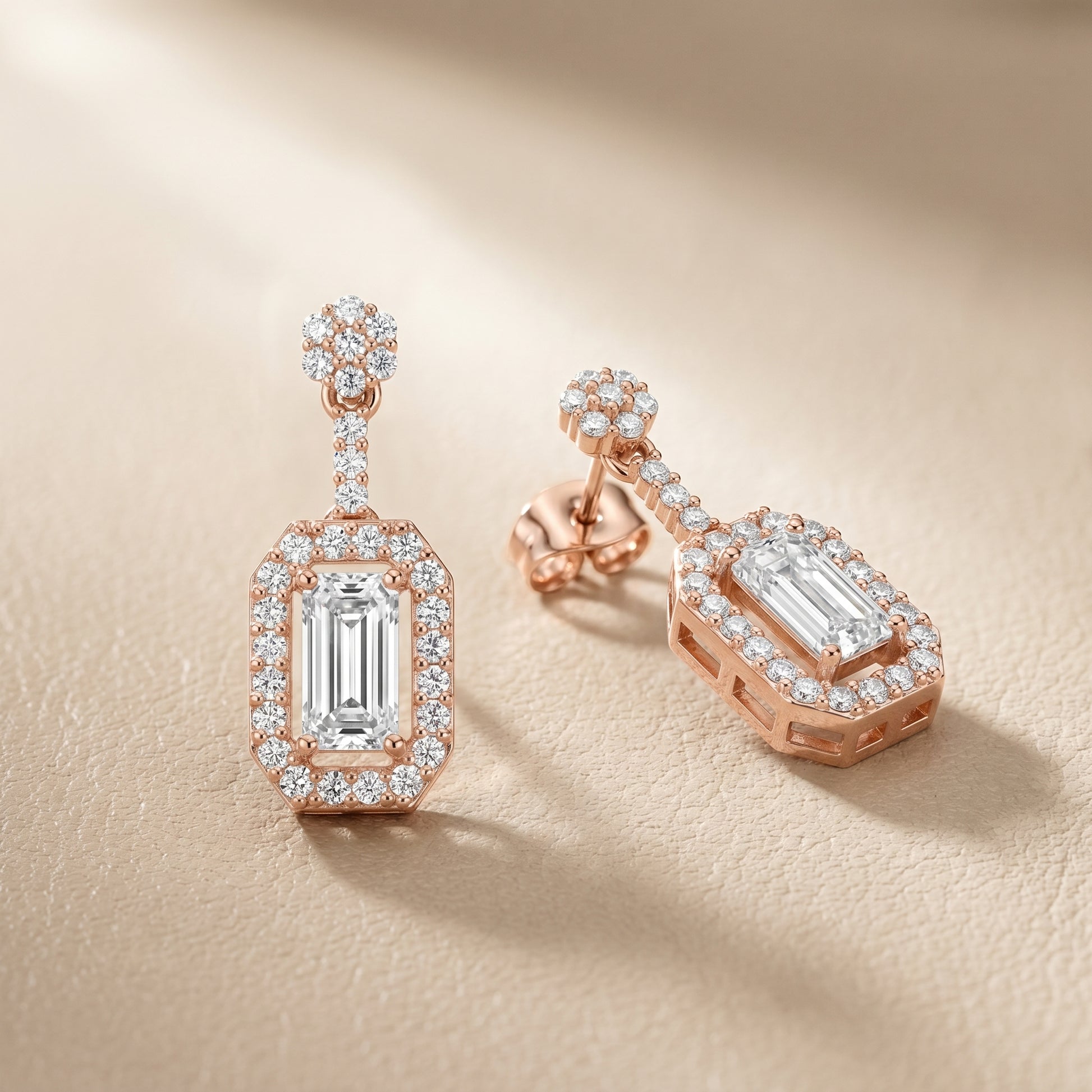 Emerald Round Cut Lab Grown Diamond Stud Earrings in Rose Gold
