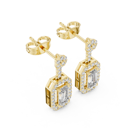 Emerald Round Cut Lab Grown Diamond Stud Earrings in Yellow Gold