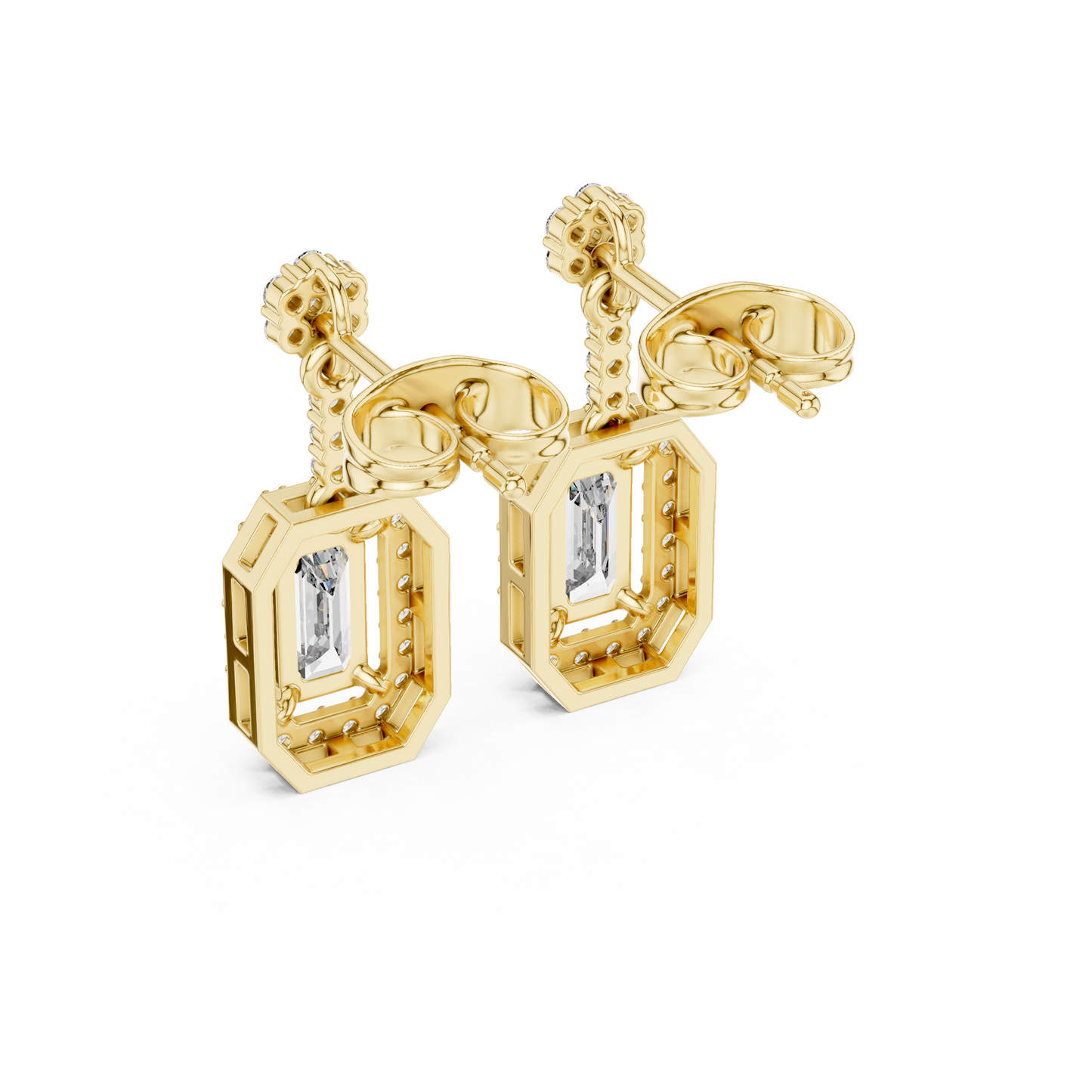 Emerald Round Cut Lab Grown Diamond Stud Earrings in Yellow Gold