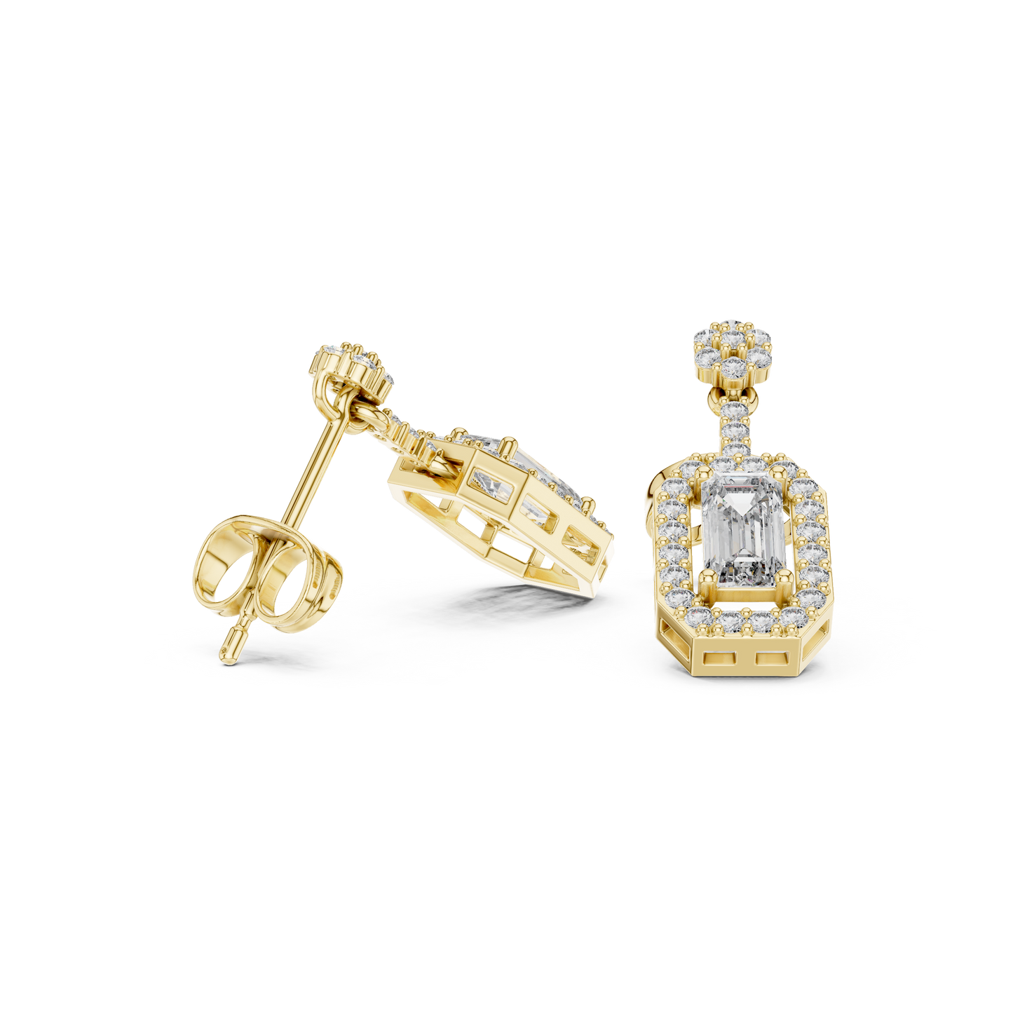 Emerald Round Cut Lab Grown Diamond Stud Earrings in Yellow Gold