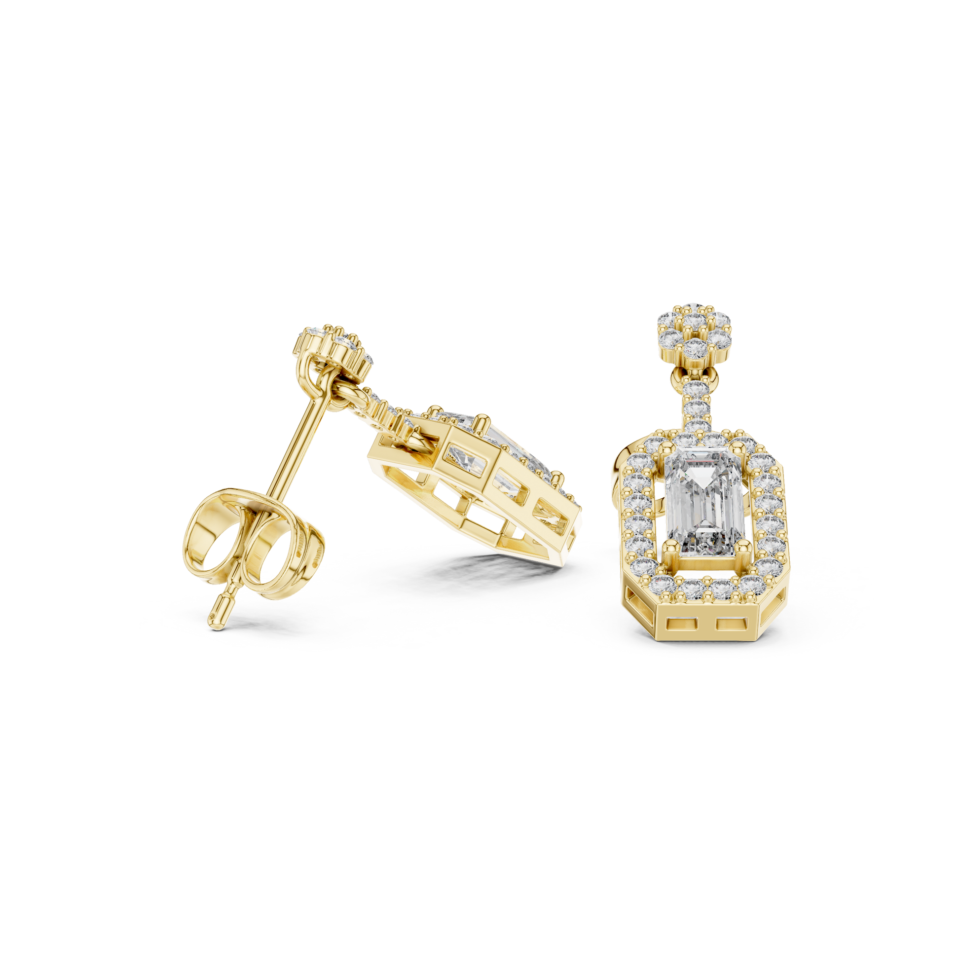 Emerald Round Cut Lab Grown Diamond Stud Earrings in Yellow Gold