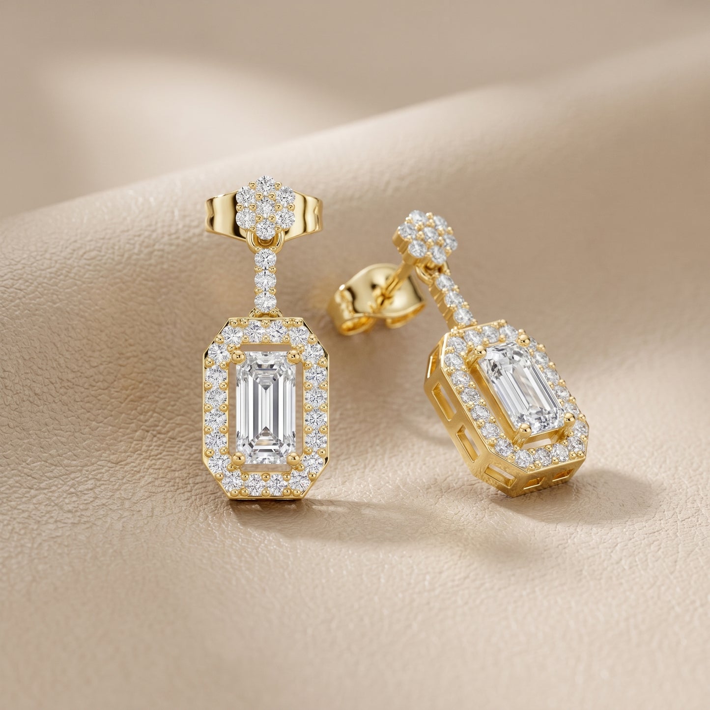 Emerald Round Cut Lab Grown Diamond Stud Earrings in Yellow Gold