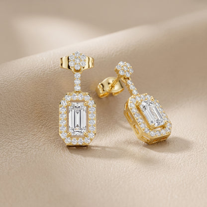 Emerald Round Cut Lab Grown Diamond Stud Earrings in Yellow Gold
