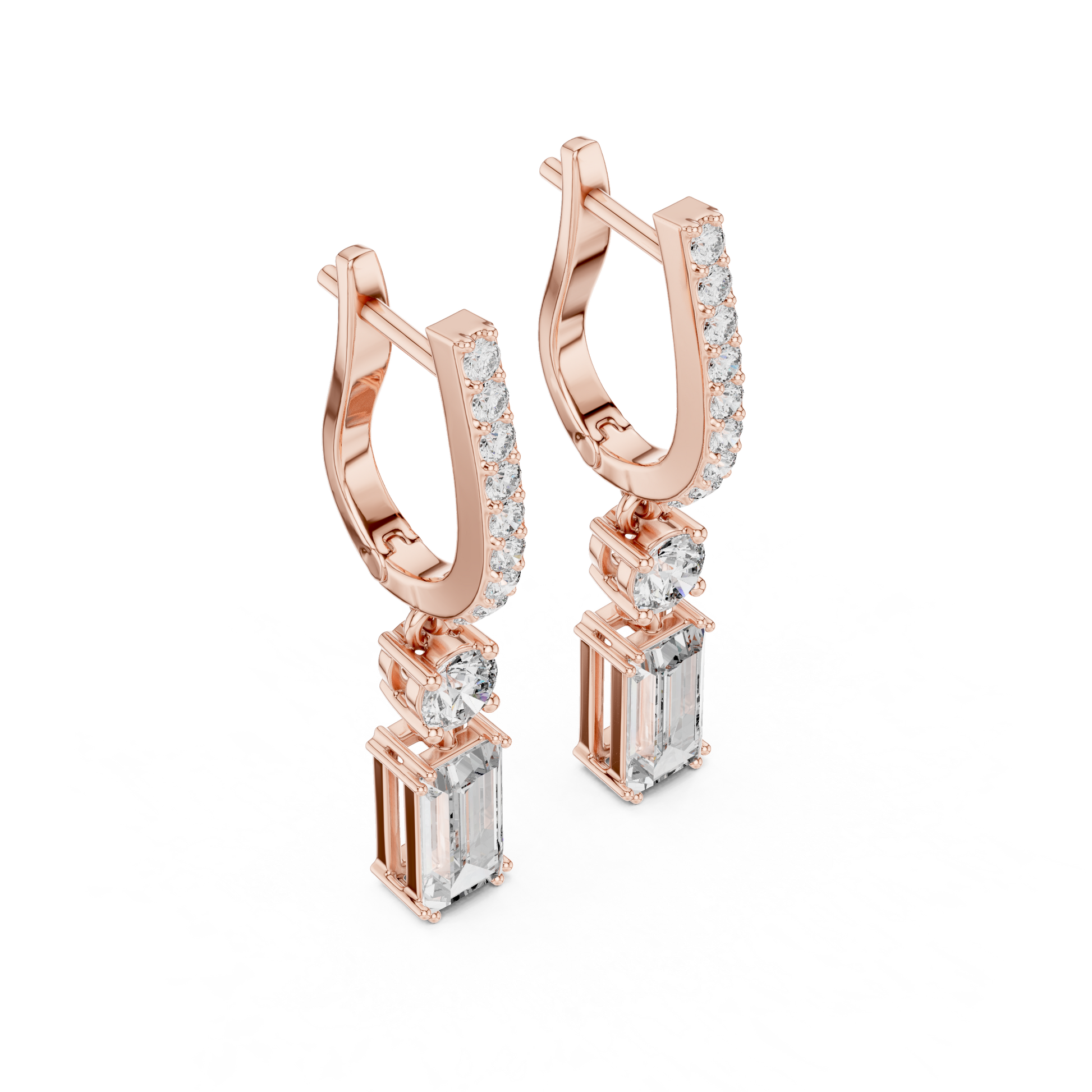 Emerald Round Cut Lab Grown Diamond Hoop Earrings in Rose Gold