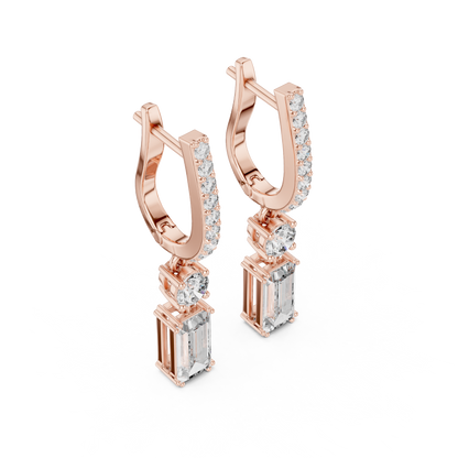 Emerald Round Cut Lab Grown Diamond Hoop Earrings in Rose Gold