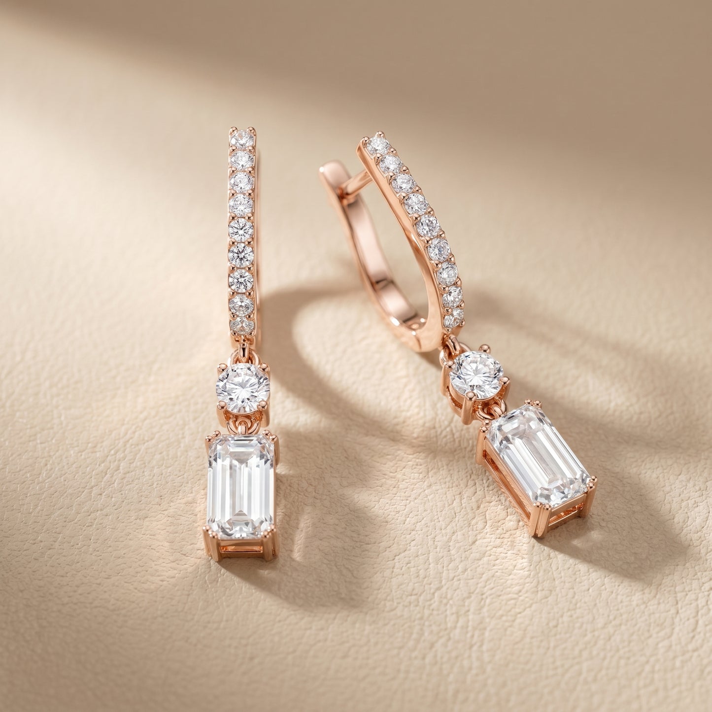 Emerald Round Cut Lab Grown Diamond Hoop Earrings in Rose Gold