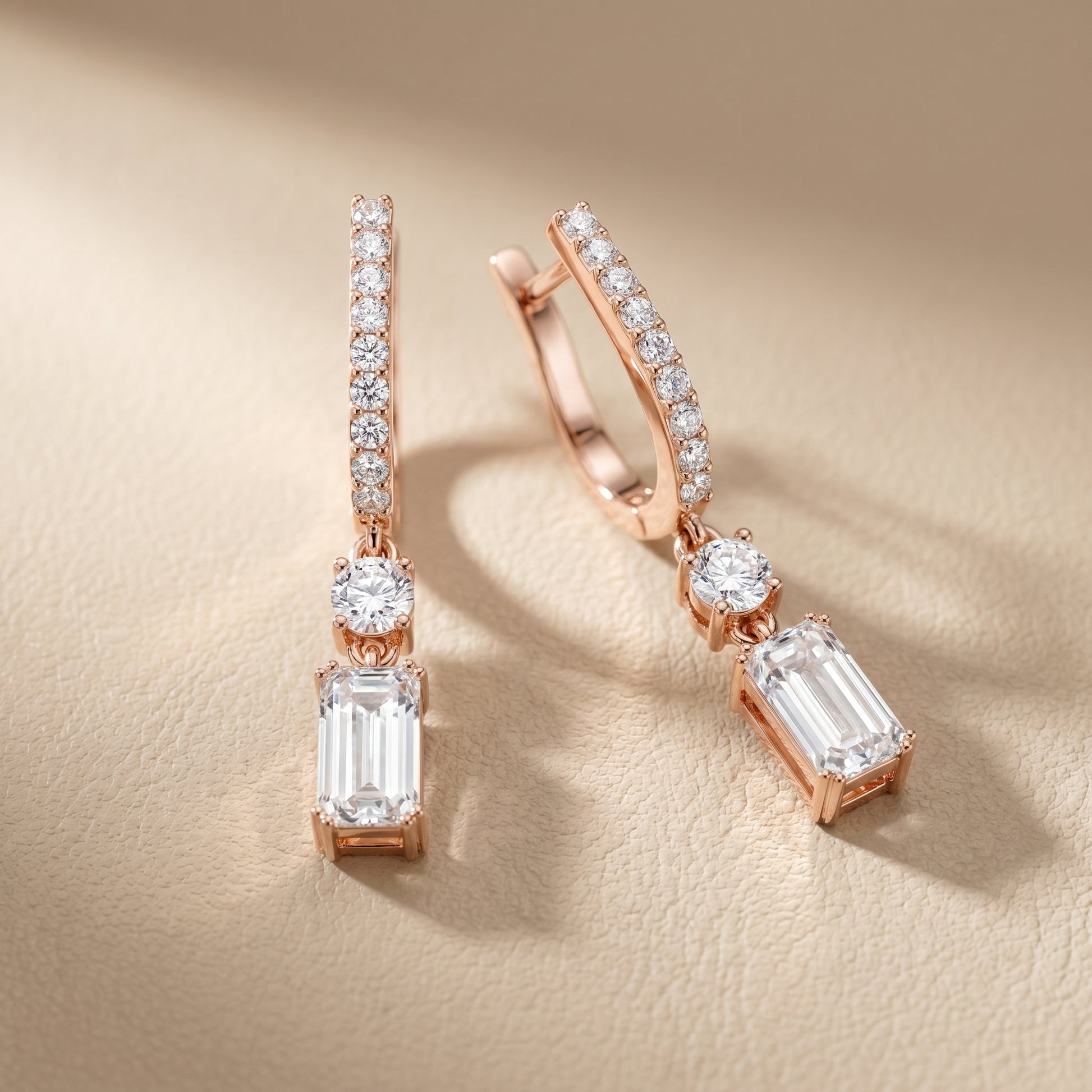 Emerald Round Cut Lab Grown Diamond Hoop Earrings in Rose Gold