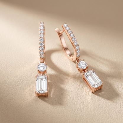 Emerald Round Cut Lab Grown Diamond Hoop Earrings in Rose Gold