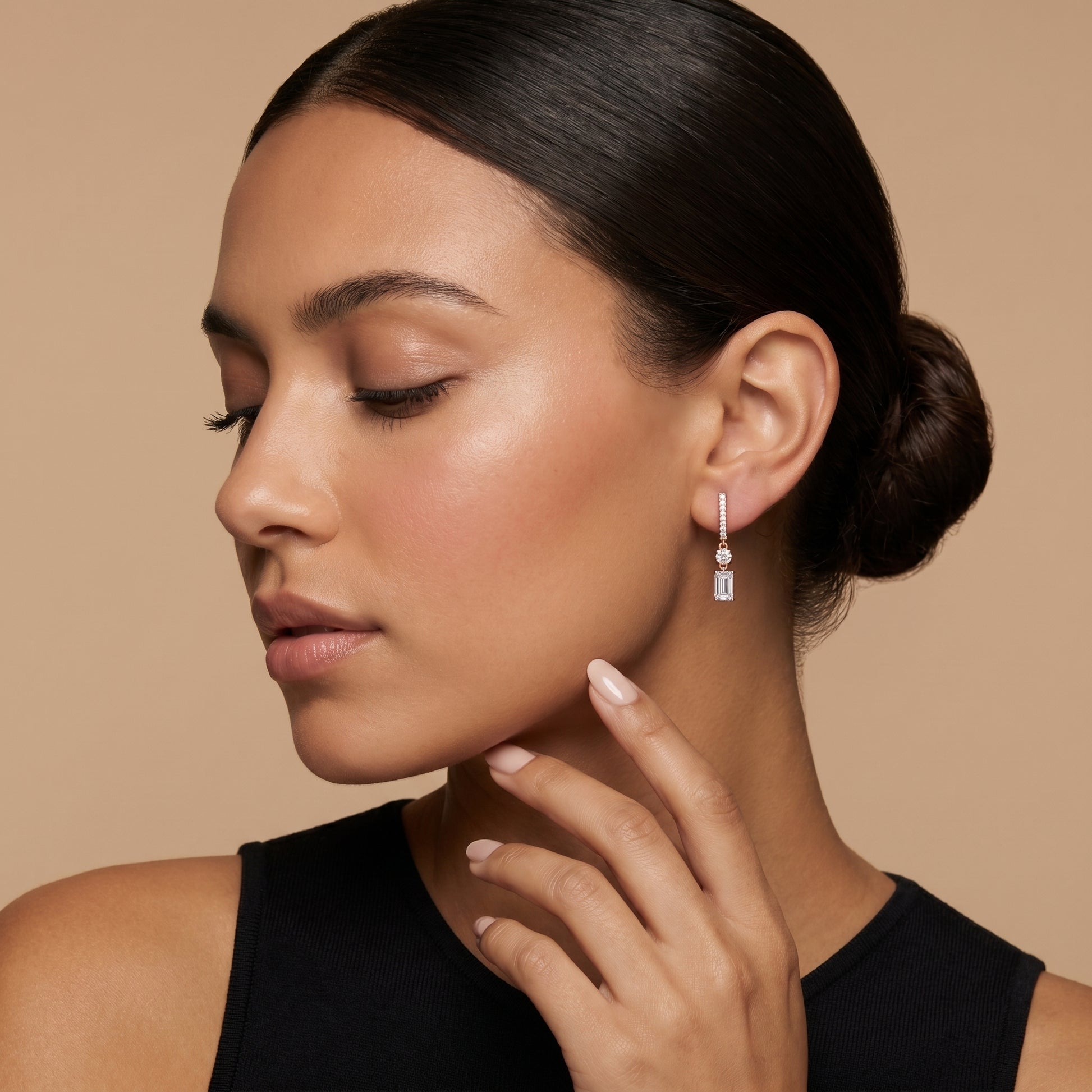 Emerald Round Cut Lab Grown Diamond Hoop Earrings in Rose Gold