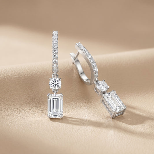 Emerald Round Cut Lab Grown Diamond Hoop Earrings in White Gold
