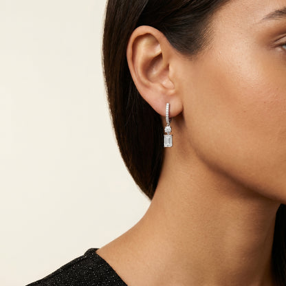 Emerald Round Cut Lab Grown Diamond Hoop Earrings in Silver