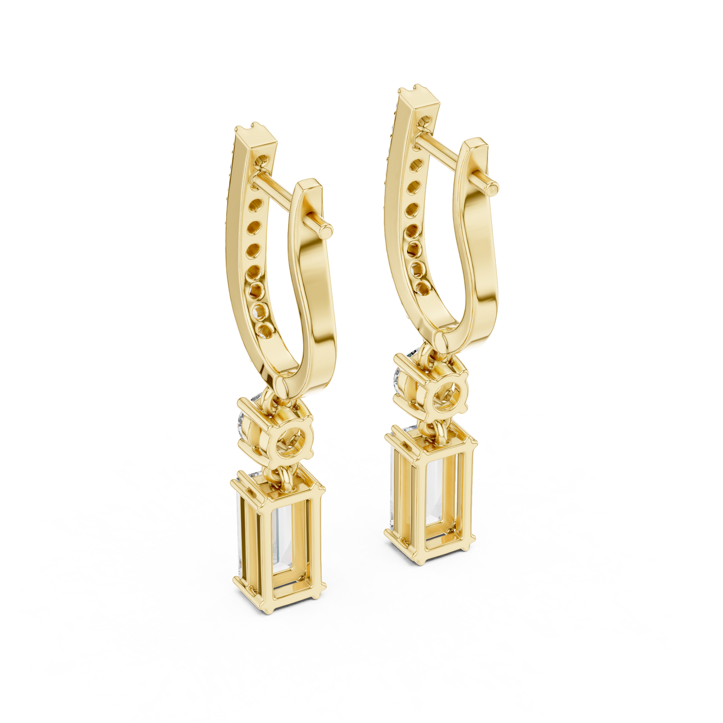 Emerald Round Cut Lab Grown Diamond Hoop Earrings in Yellow Gold