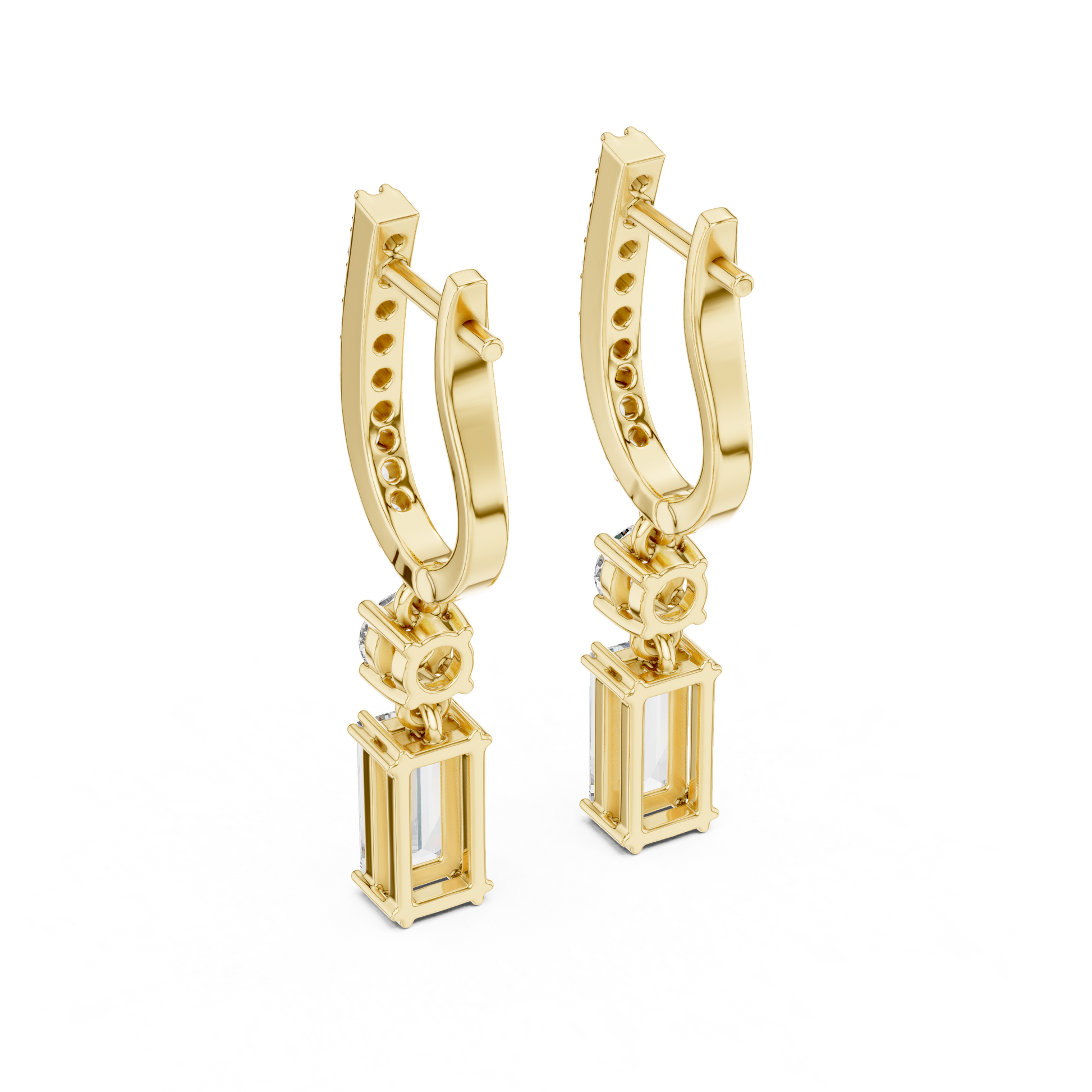 Emerald Round Cut Lab Grown Diamond Hoop Earrings in Yellow Gold