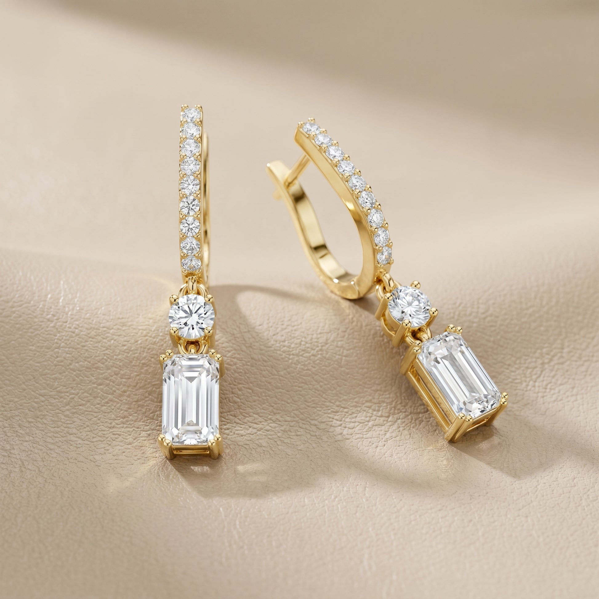 Emerald Round Cut Lab Grown Diamond Hoop Earrings in Yellow Gold