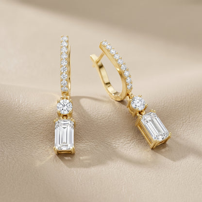 Emerald Round Cut Lab Grown Diamond Hoop Earrings in Yellow Gold