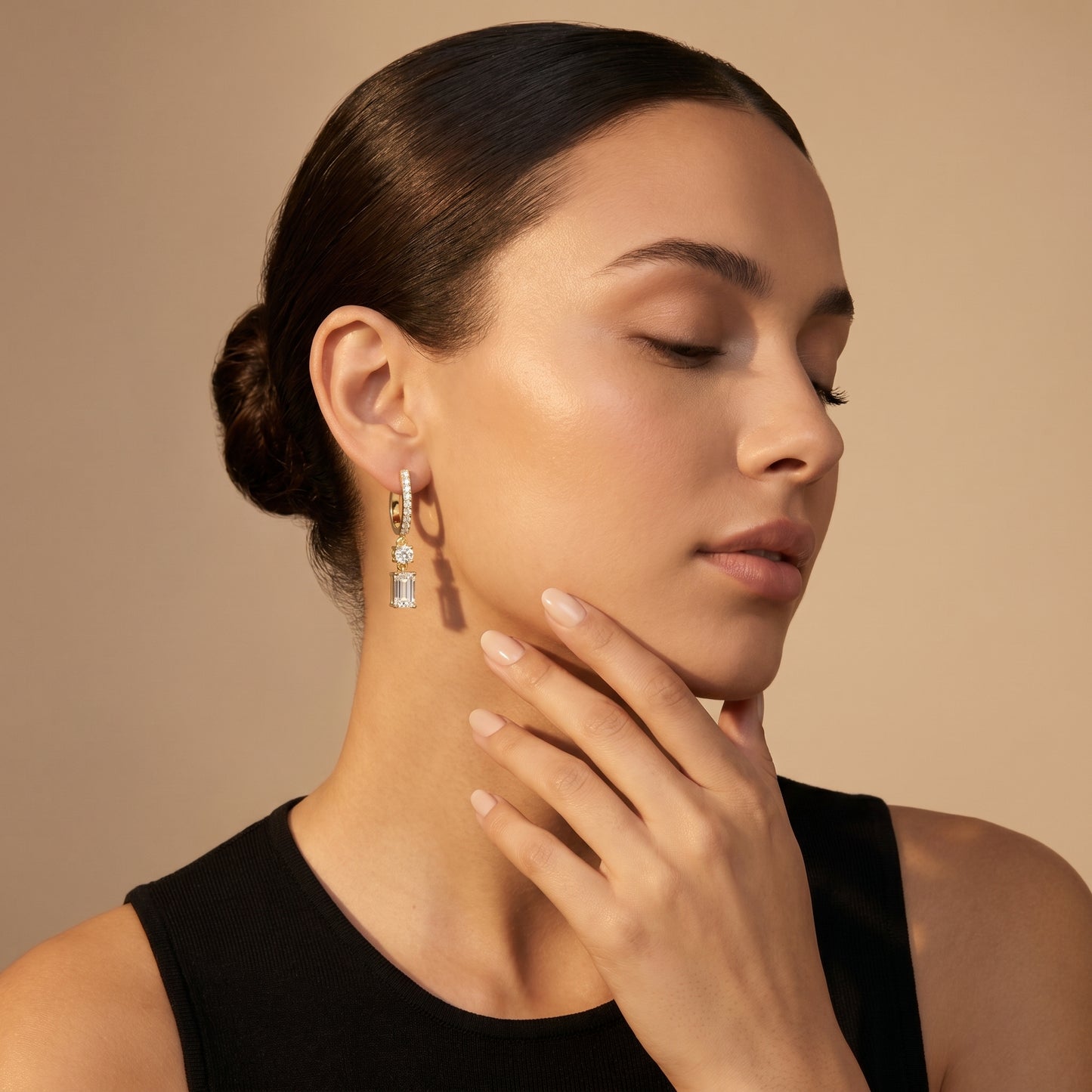 Emerald Round Cut Lab Grown Diamond Hoop Earrings in Yellow Gold