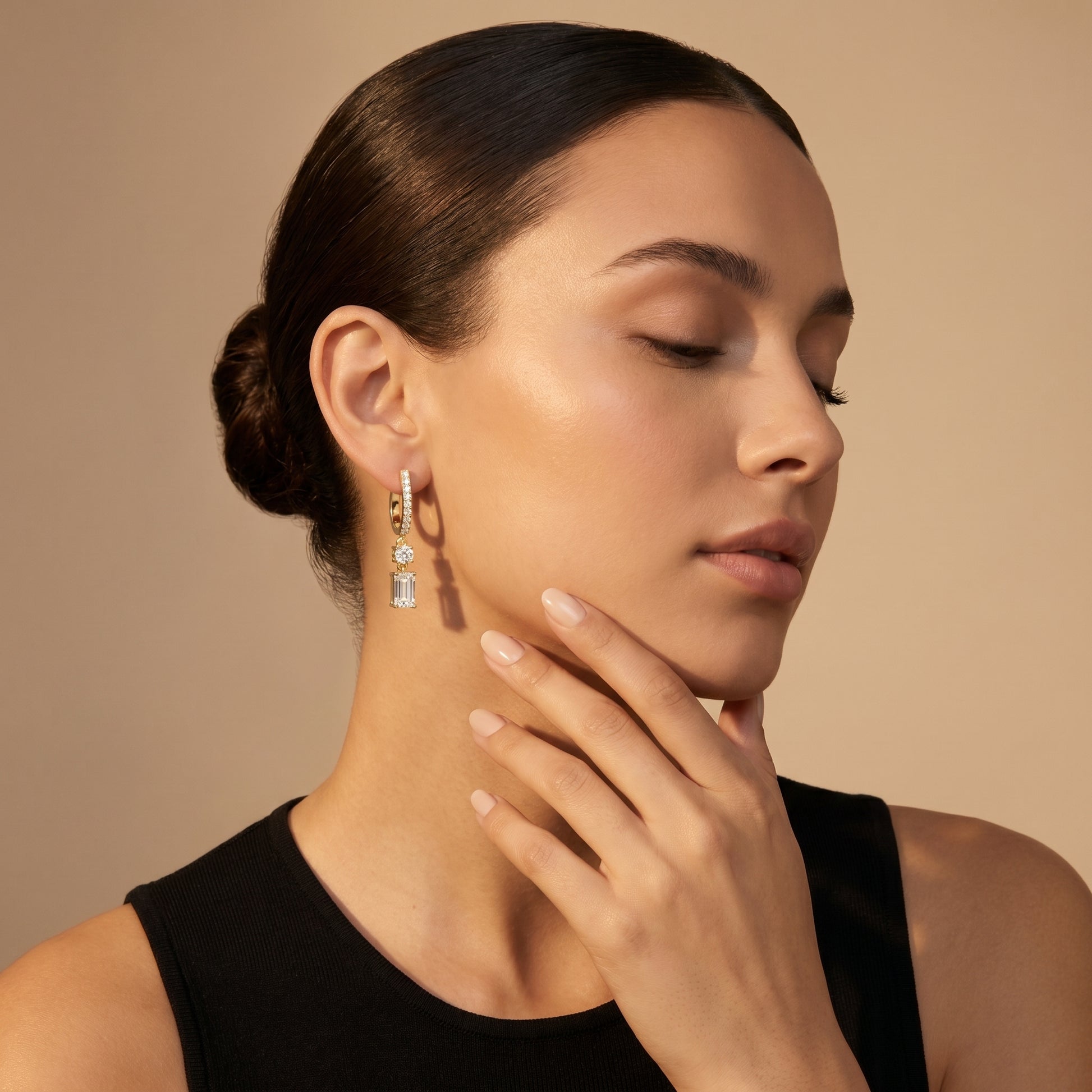 Emerald Round Cut Lab Grown Diamond Hoop Earrings in Yellow Gold