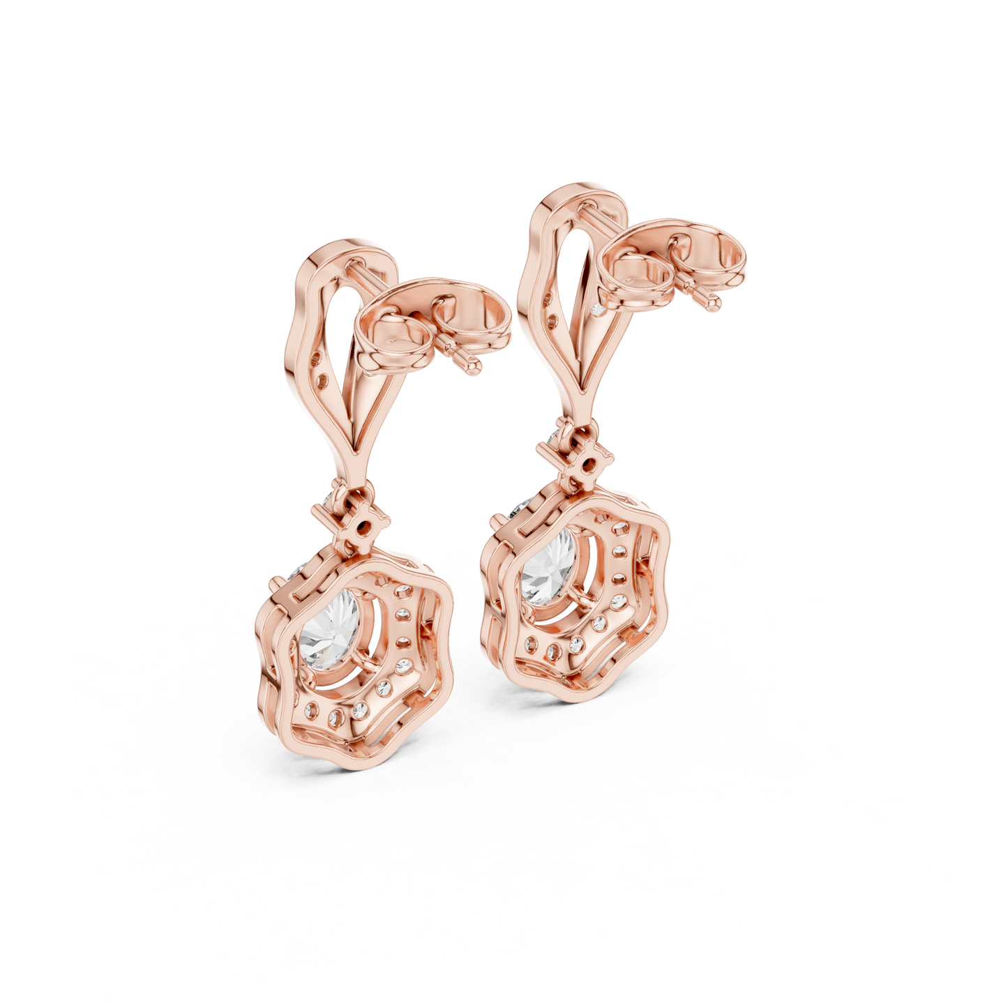 Oval Round Cut Lab Grown Diamond Drop Earrings in Rose Gold