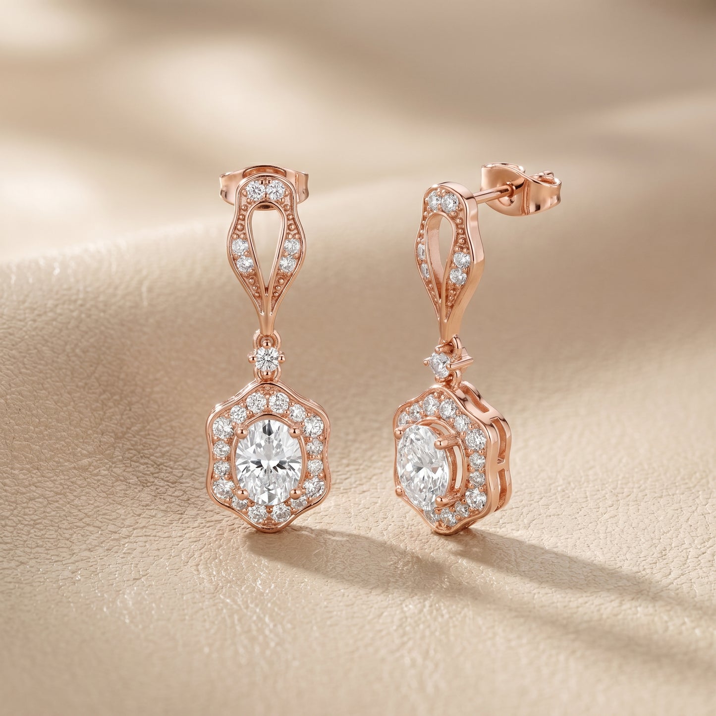 Oval Round Cut Lab Grown Diamond Drop Earrings in Rose Gold