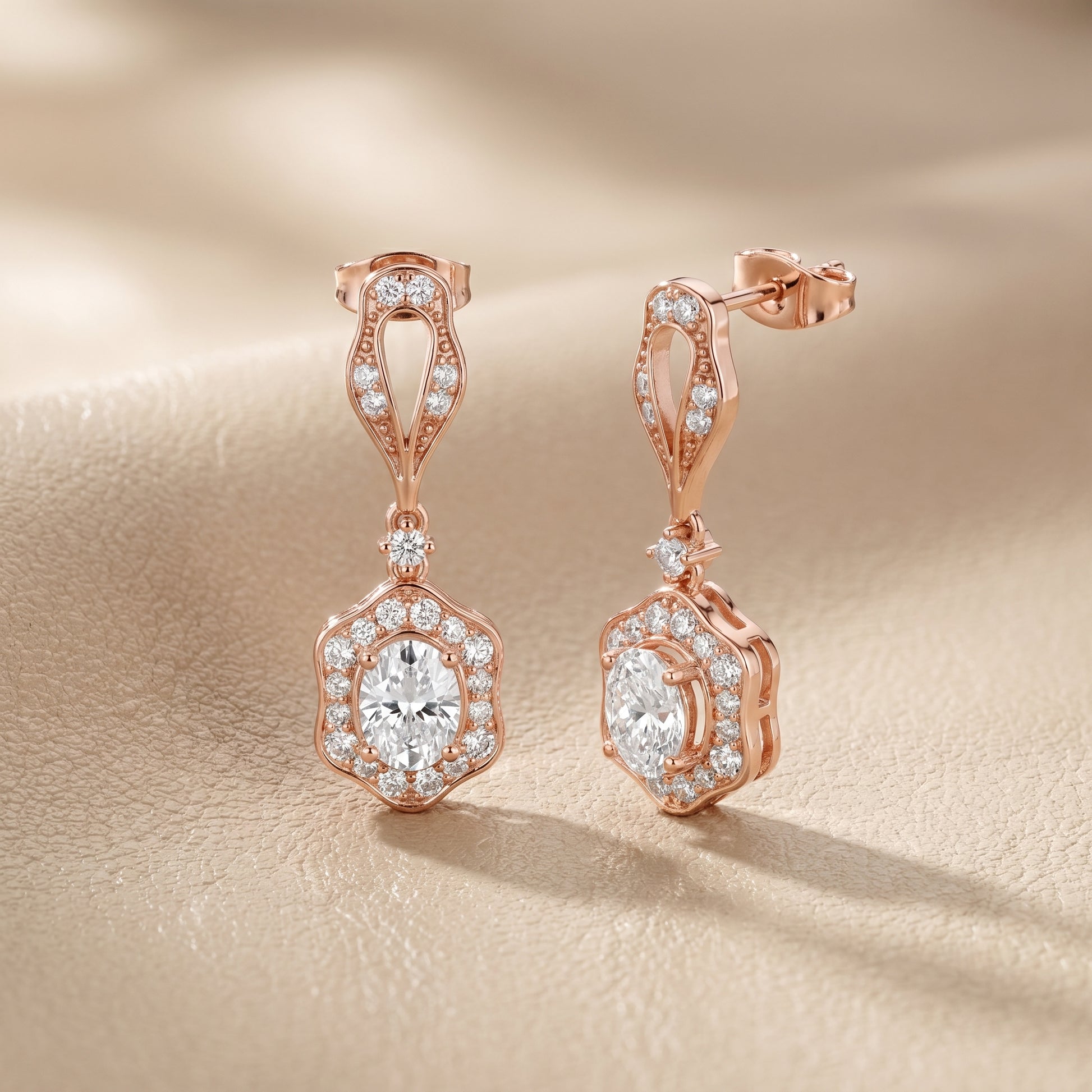 Oval Round Cut Lab Grown Diamond Drop Earrings in Rose Gold