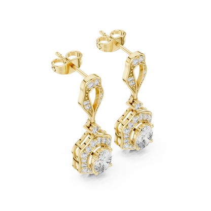 Oval Round Cut Lab Grown Diamond Drop Earrings in Yellow Gold