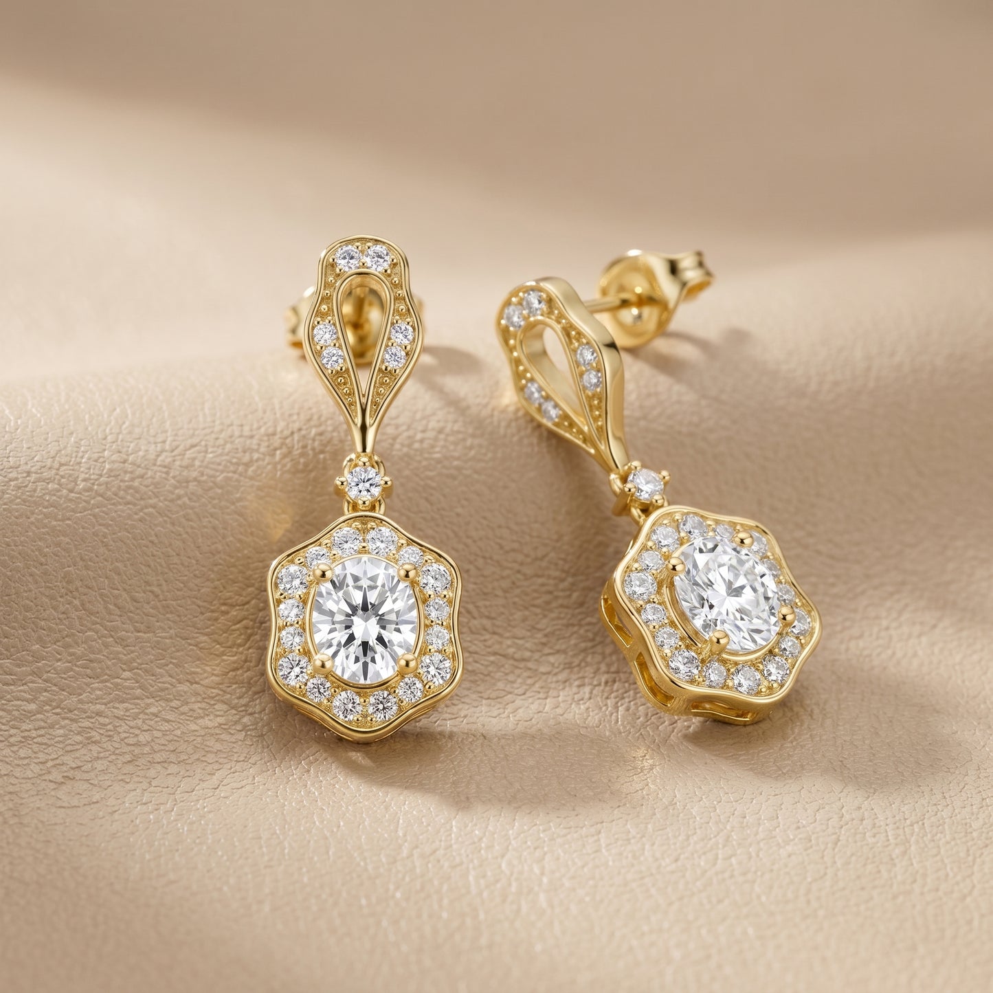 Oval Round Cut Lab Grown Diamond Drop Earrings in Yellow Gold