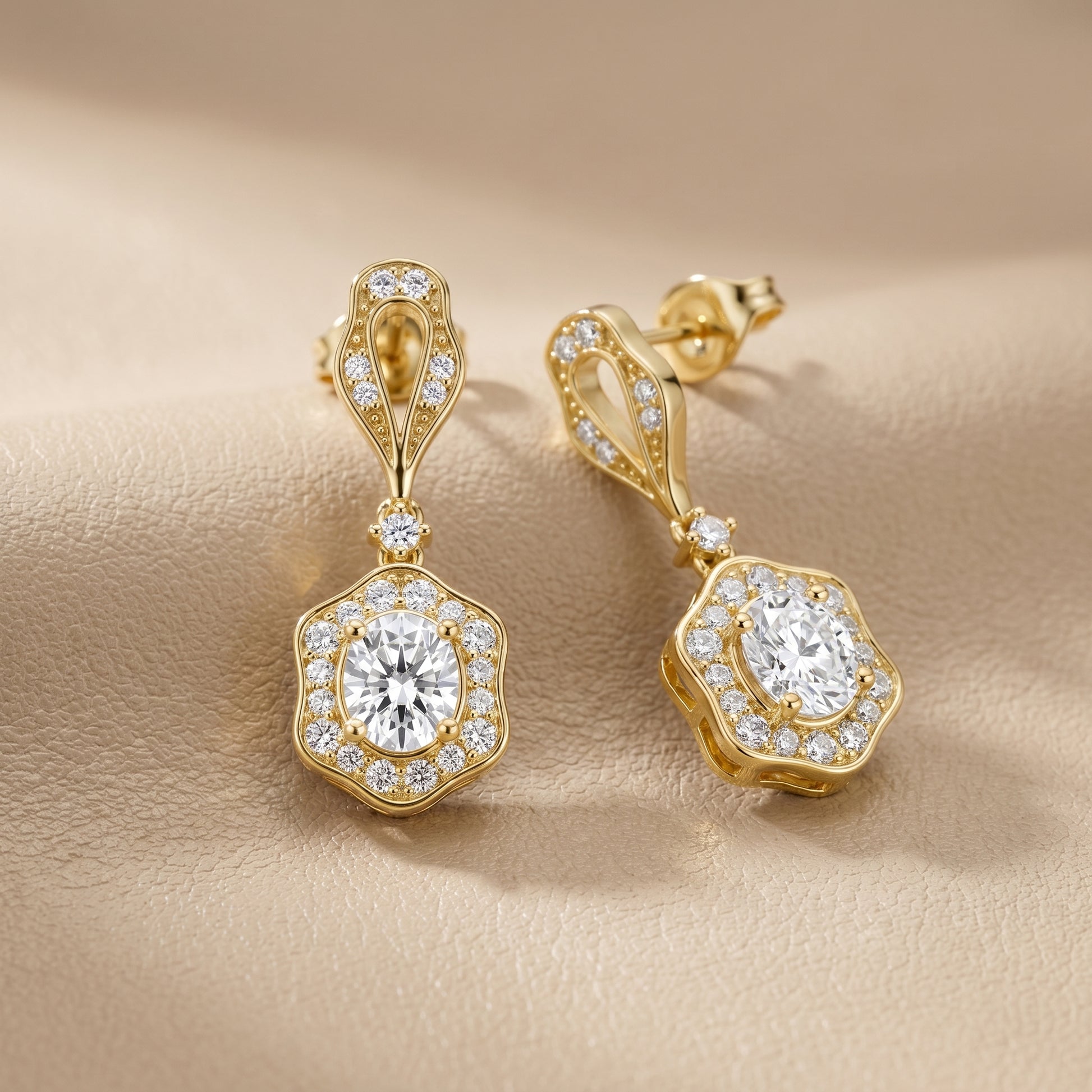 Oval Round Cut Lab Grown Diamond Drop Earrings in Yellow Gold