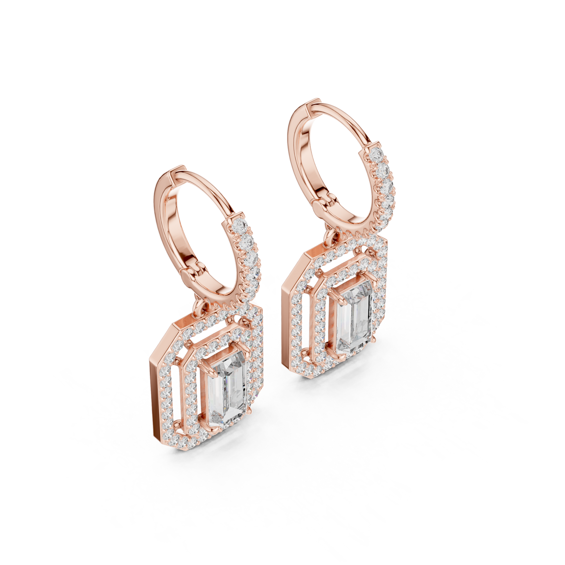 Emerald Round Cut Lab Grown Diamond Hoop Earrings in Rose Gold