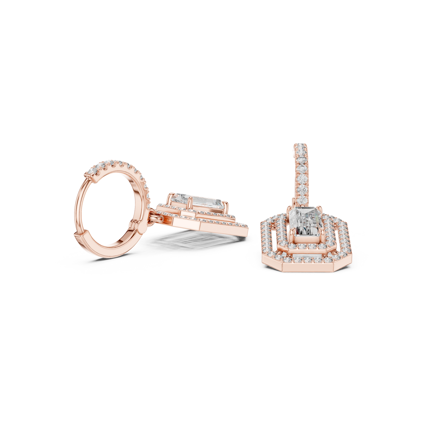 Emerald Round Cut Lab Grown Diamond Hoop Earrings in Rose Gold