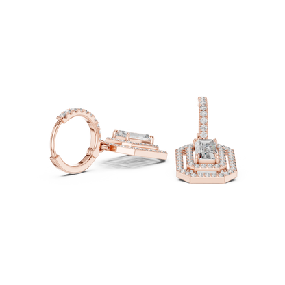 Emerald Round Cut Lab Grown Diamond Hoop Earrings in Rose Gold
