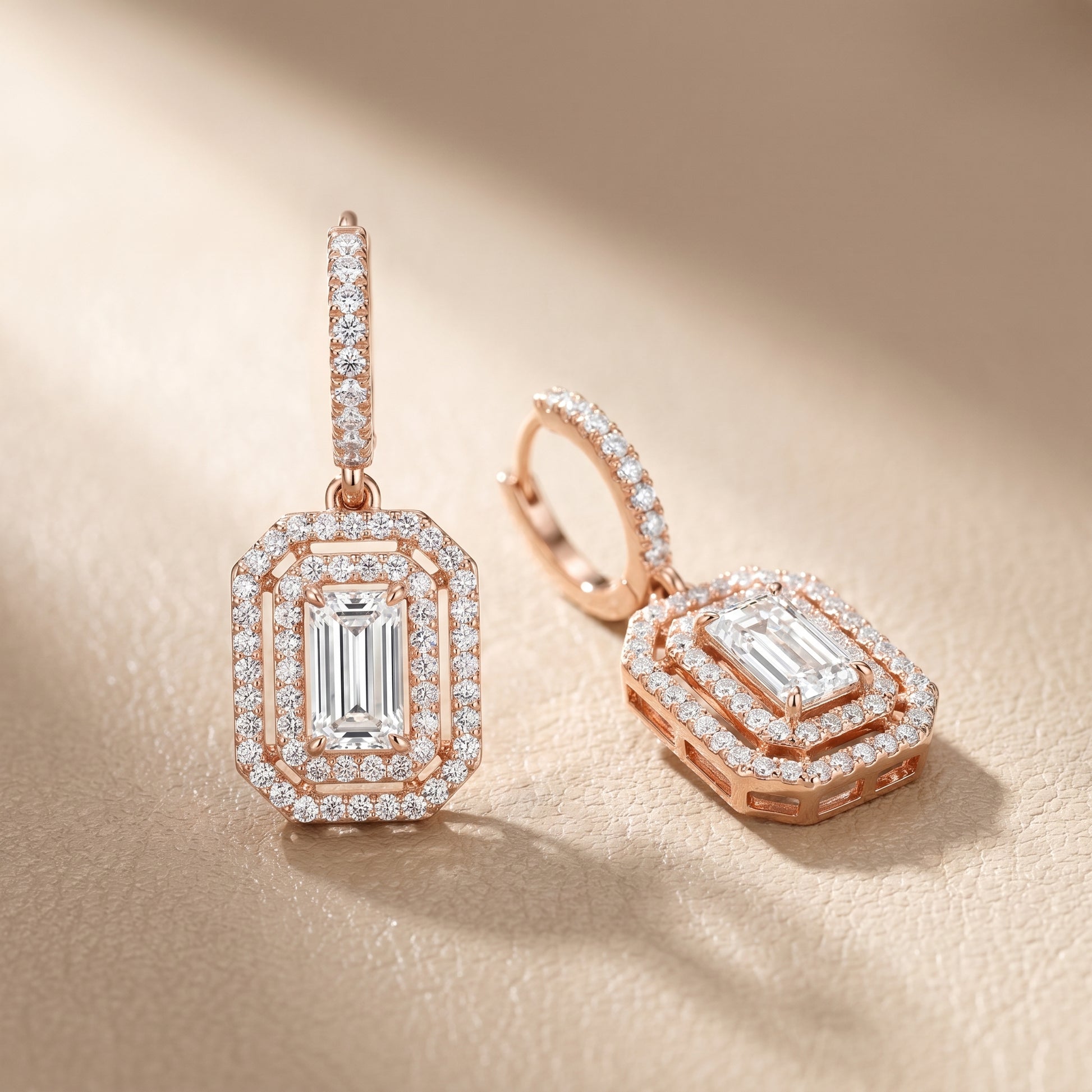 Emerald Round Cut Lab Grown Diamond Hoop Earrings in Rose Gold