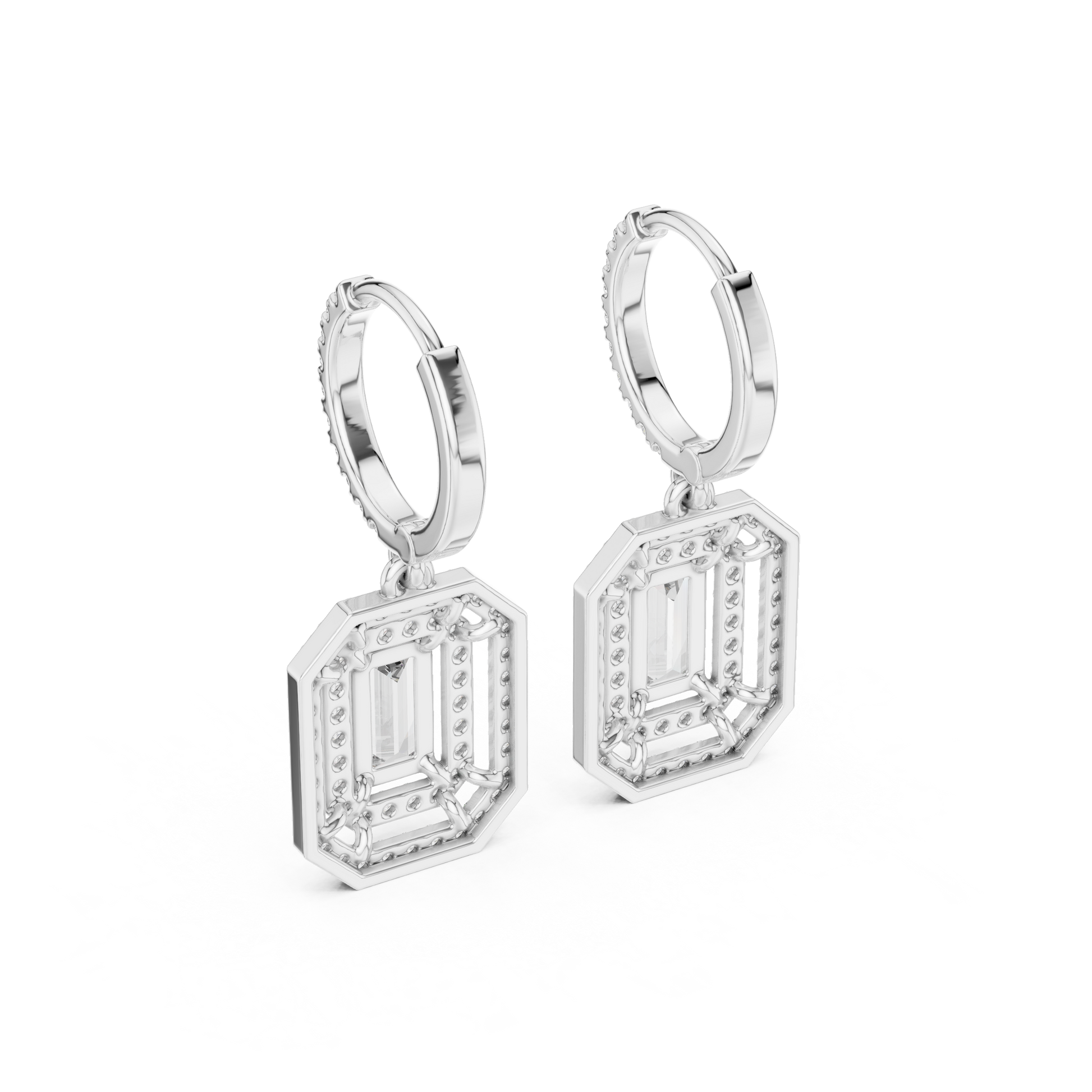 Emerald Round Cut Lab Grown Diamond Hoop Earrings in White Gold