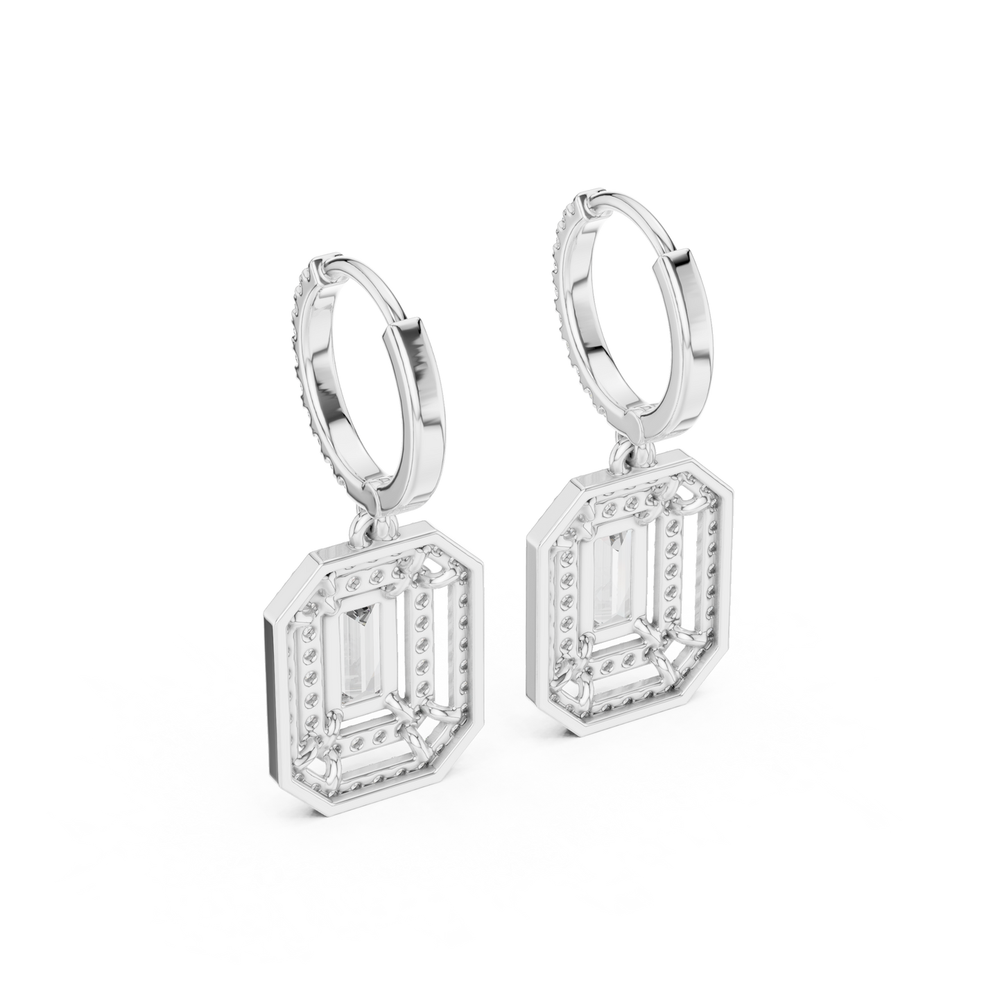Emerald Round Cut Lab Grown Diamond Hoop Earrings in Silver