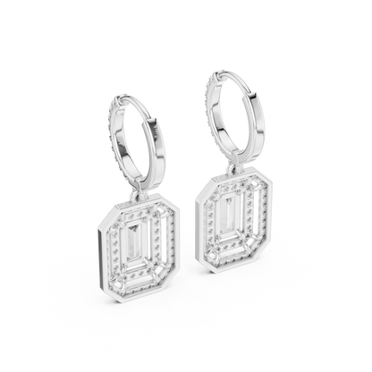 Emerald Round Cut Lab Grown Diamond Hoop Earrings in Silver