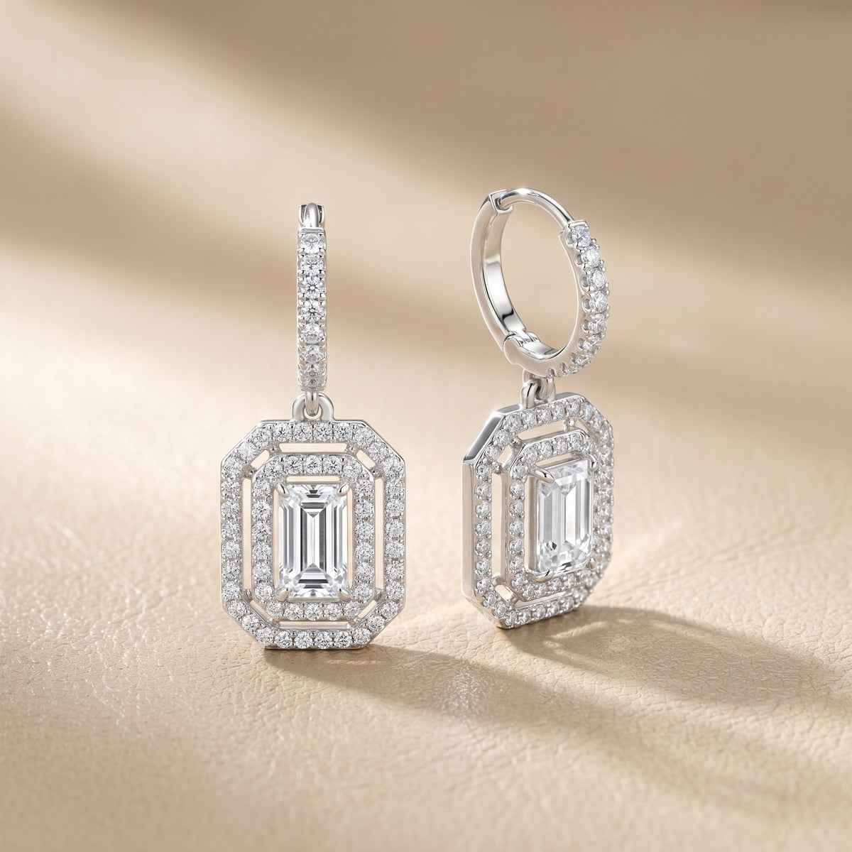 Emerald Round Cut Lab Grown Diamond Hoop Earrings in White Gold