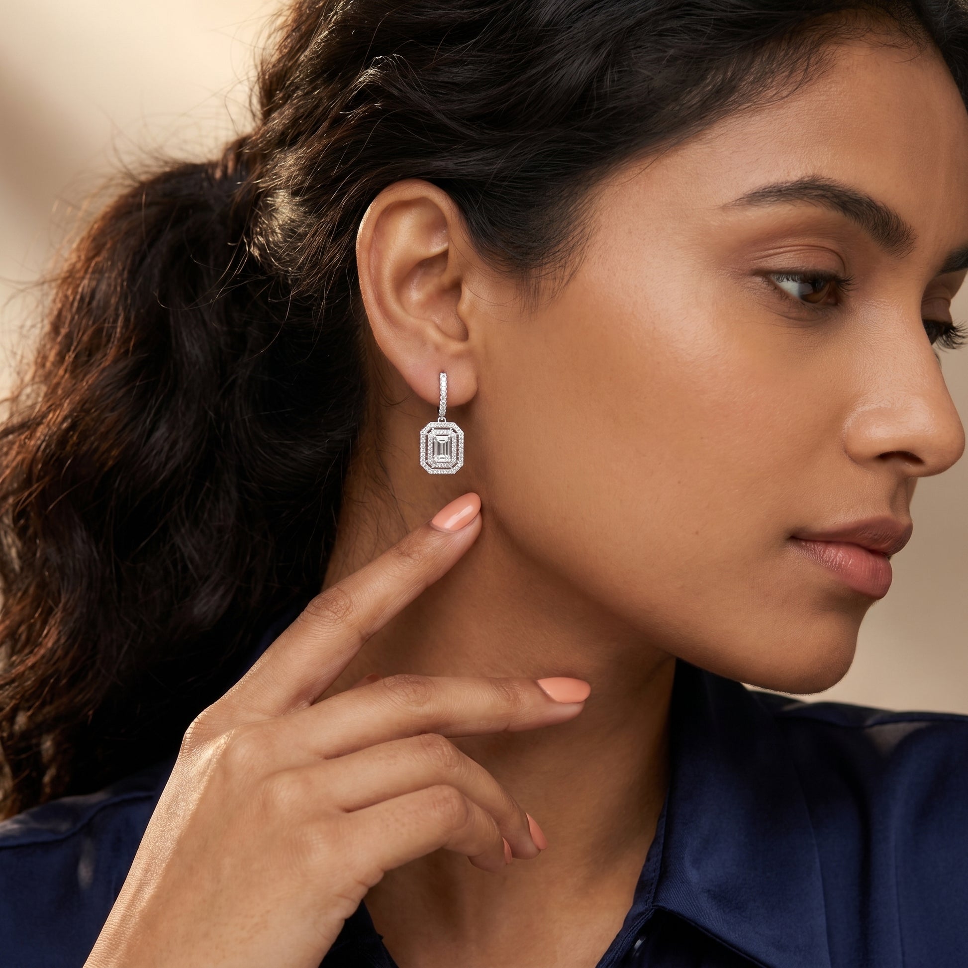 Emerald Round Cut Lab Grown Diamond Hoop Earrings in Silver