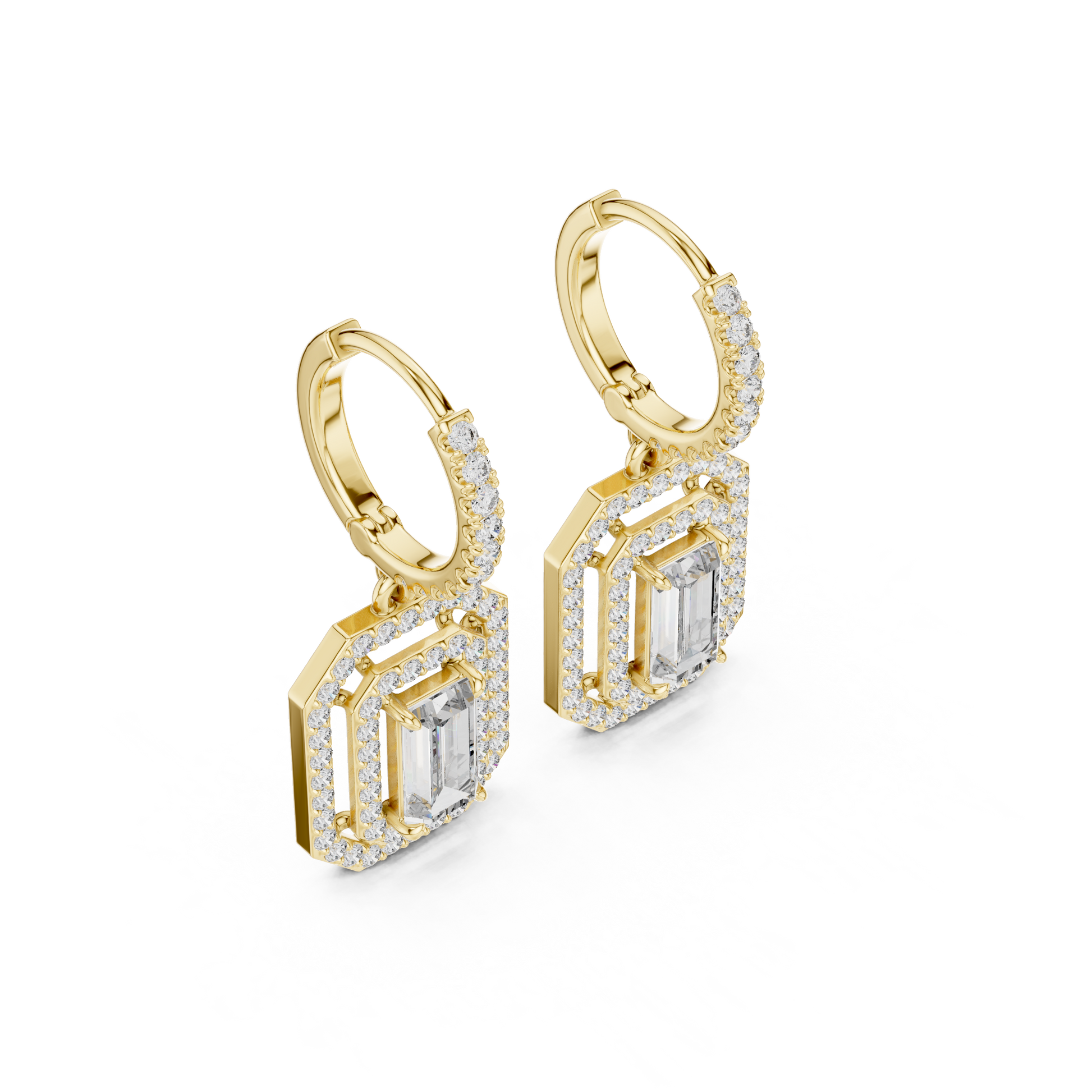 Emerald Round Cut Lab Grown Diamond Hoop Earrings in Yellow Gold