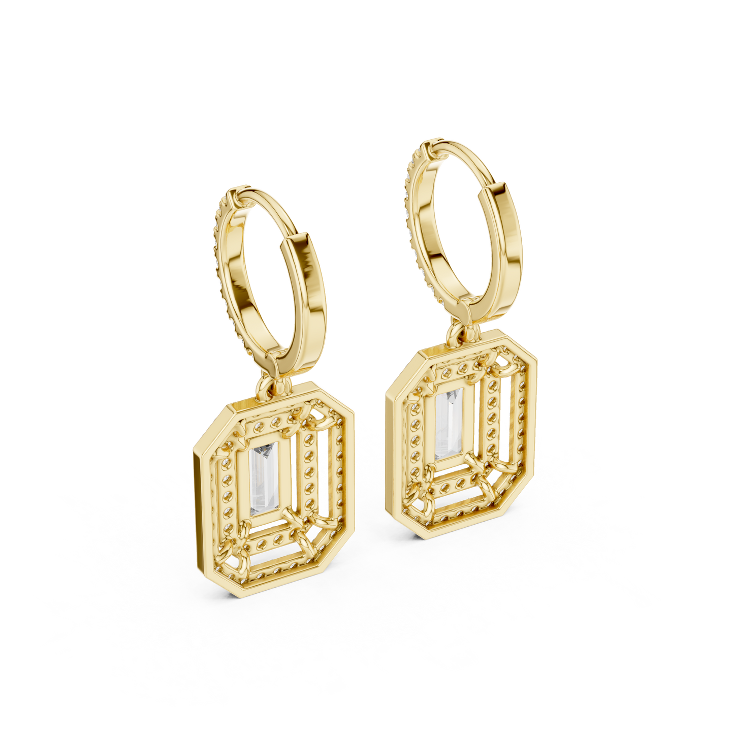 Emerald Round Cut Lab Grown Diamond Hoop Earrings in Yellow Gold