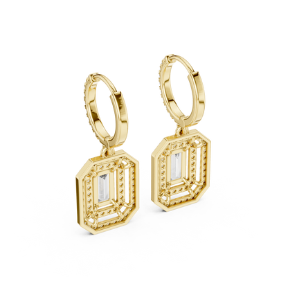 Emerald Round Cut Lab Grown Diamond Hoop Earrings in Yellow Gold